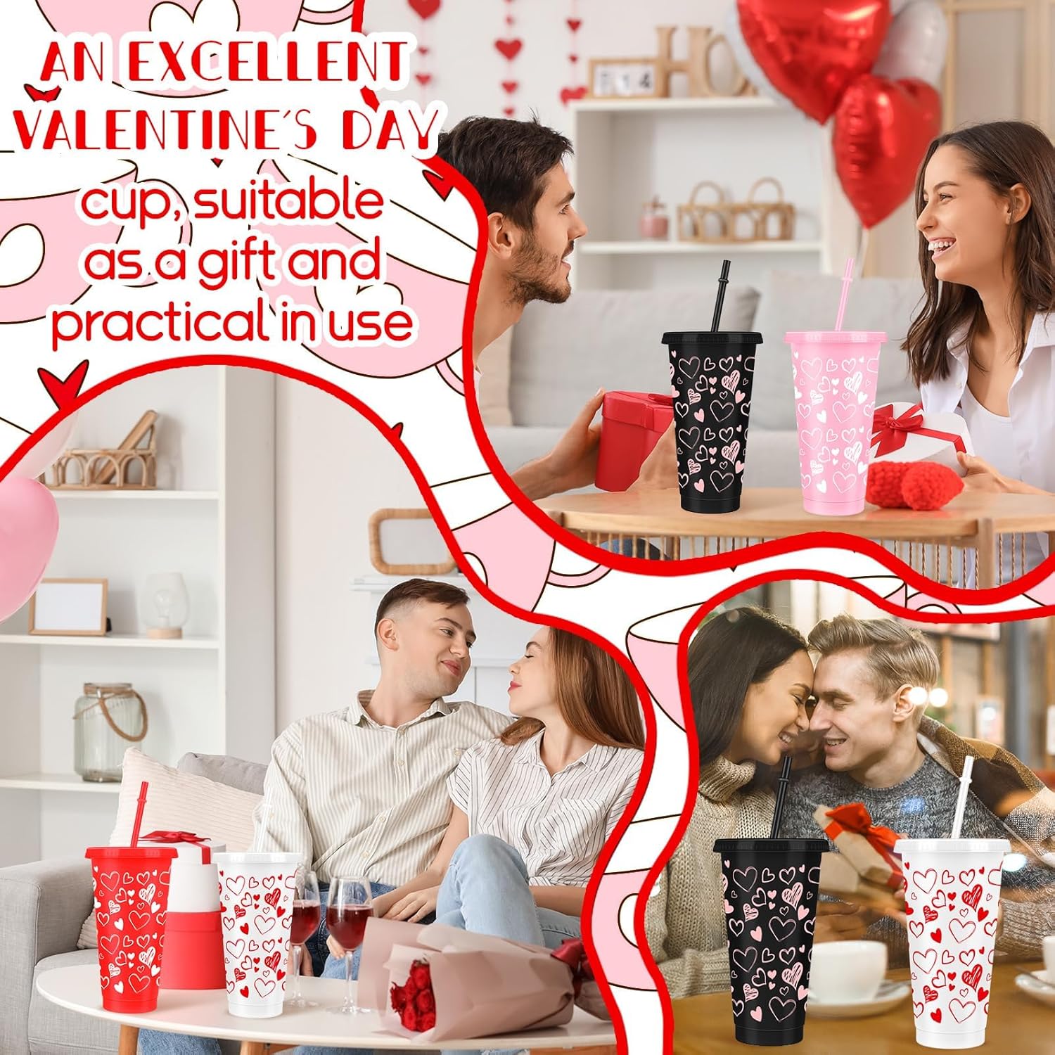 Denylo pro 24 Sets Galentines Day Coffee Cups Valentines Plastic Cups with Straw Heart Reusable Cups 27 OZ Drinking Tea Valentines Coffee Cups for Valentines Day Gifts Galentine's Day Party Supplies - Image 4