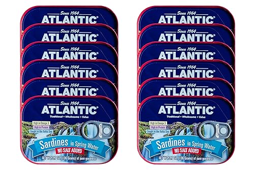 ATLANTIC - Sardinas capturadas en la naturaleza, aptas para dieta cetogénica y paleo, total de 44.4 onzas (doce latas) (agua de primavera sin sal