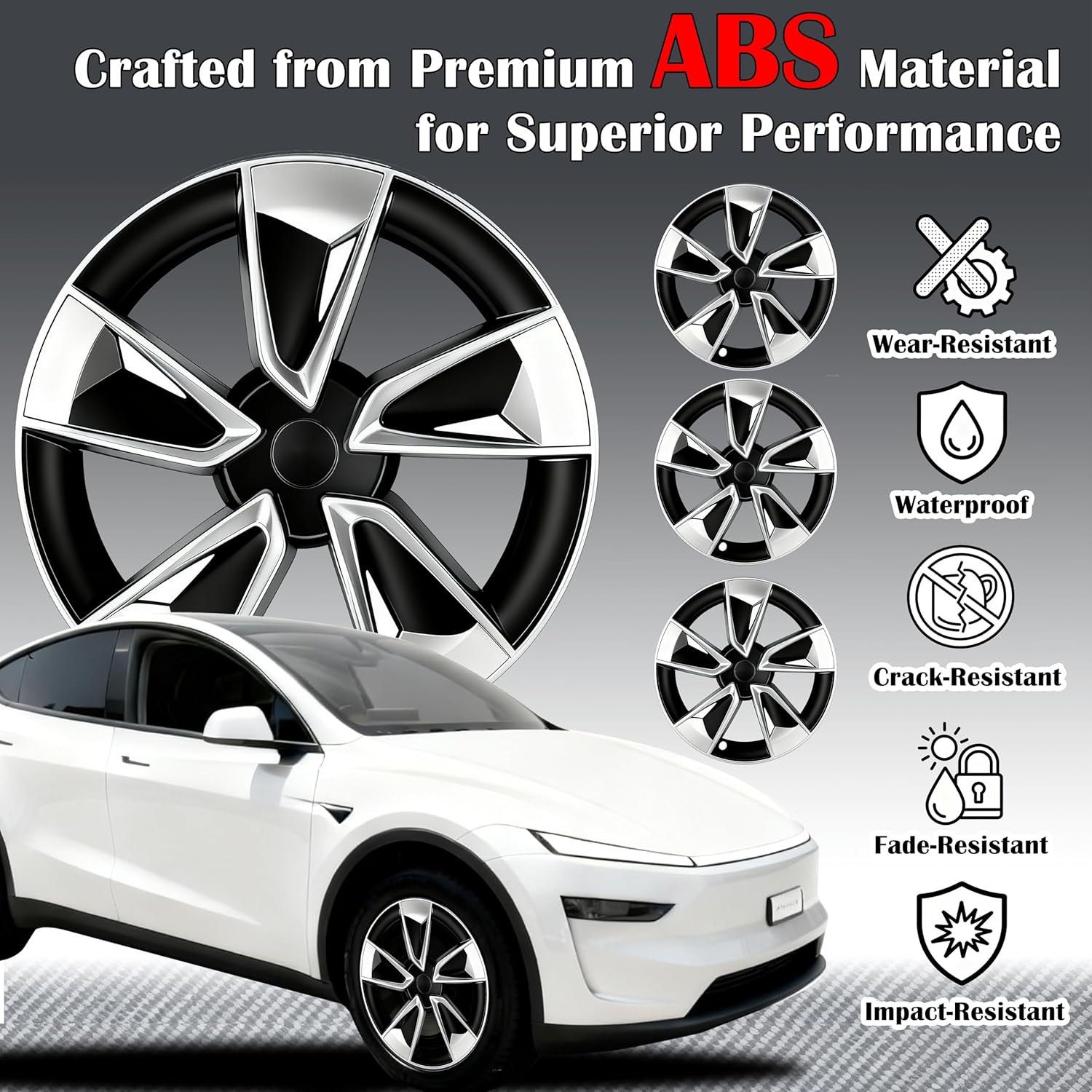 4Pcs Wheel Protection Covers for 2025-2026 Tesla Juniper Model Y Snap-On Rim Guard Hubcaps with Full Coverage Design, Enhanced Aerodynamics Scratch Resistance (Black Silver, 19 inch 2025-2026 Model Y)