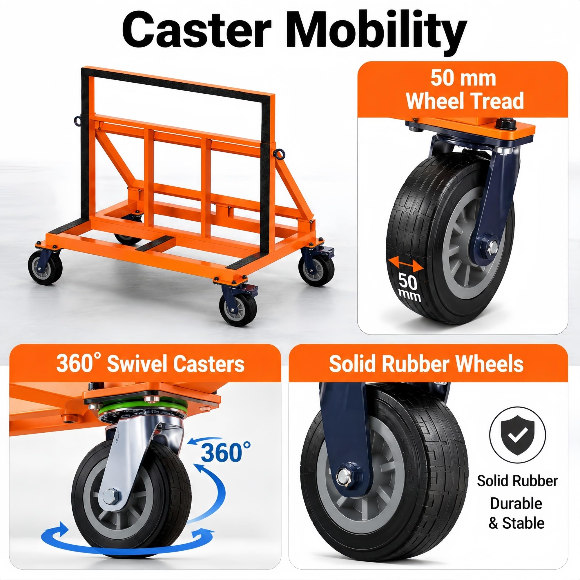 Plattenwagen mit Rollen for Gipskarton, Glas, Steinplatten und Türen | Verstellbare Rückenstütze und klappbarer Rahmen for flexiblen Materialtransport(6IN 4BRAKE,800kg/1760lb)