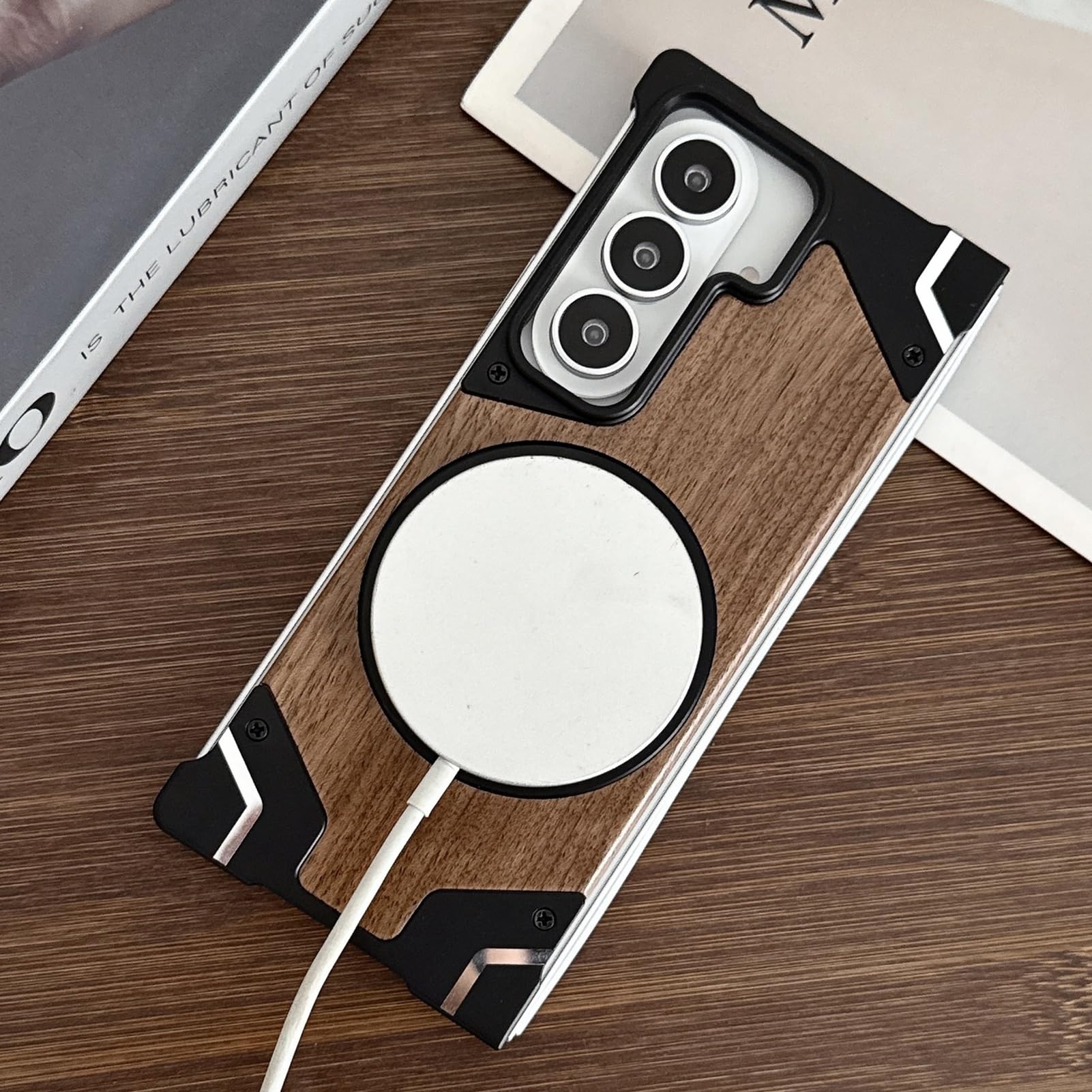 Magnetyczne etui do Samsung Galaxy Z Fold 8 Ultra, bez ramki drewniany tył