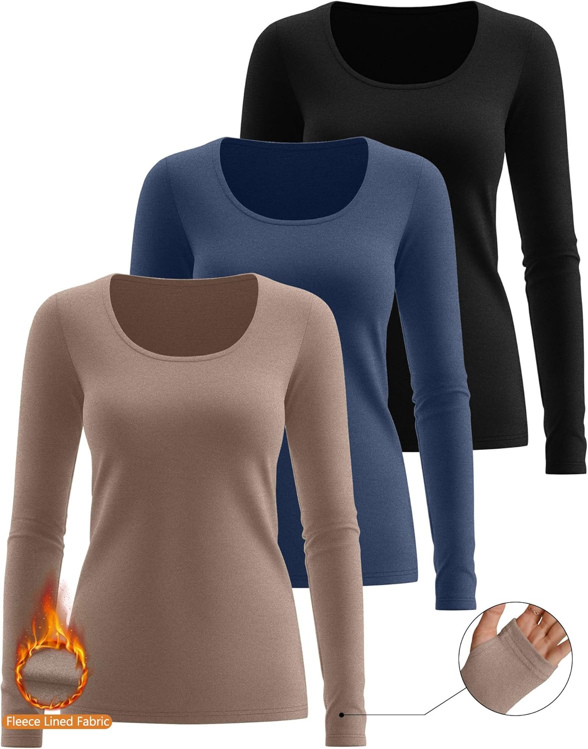 Riyiper 3 Pack Women's Thermal Long Sleeve Shirts, Fleece Scoop Neck Fitted Top Stretchy Thumb Holes Undershirt Baselayer Tee - Image 3