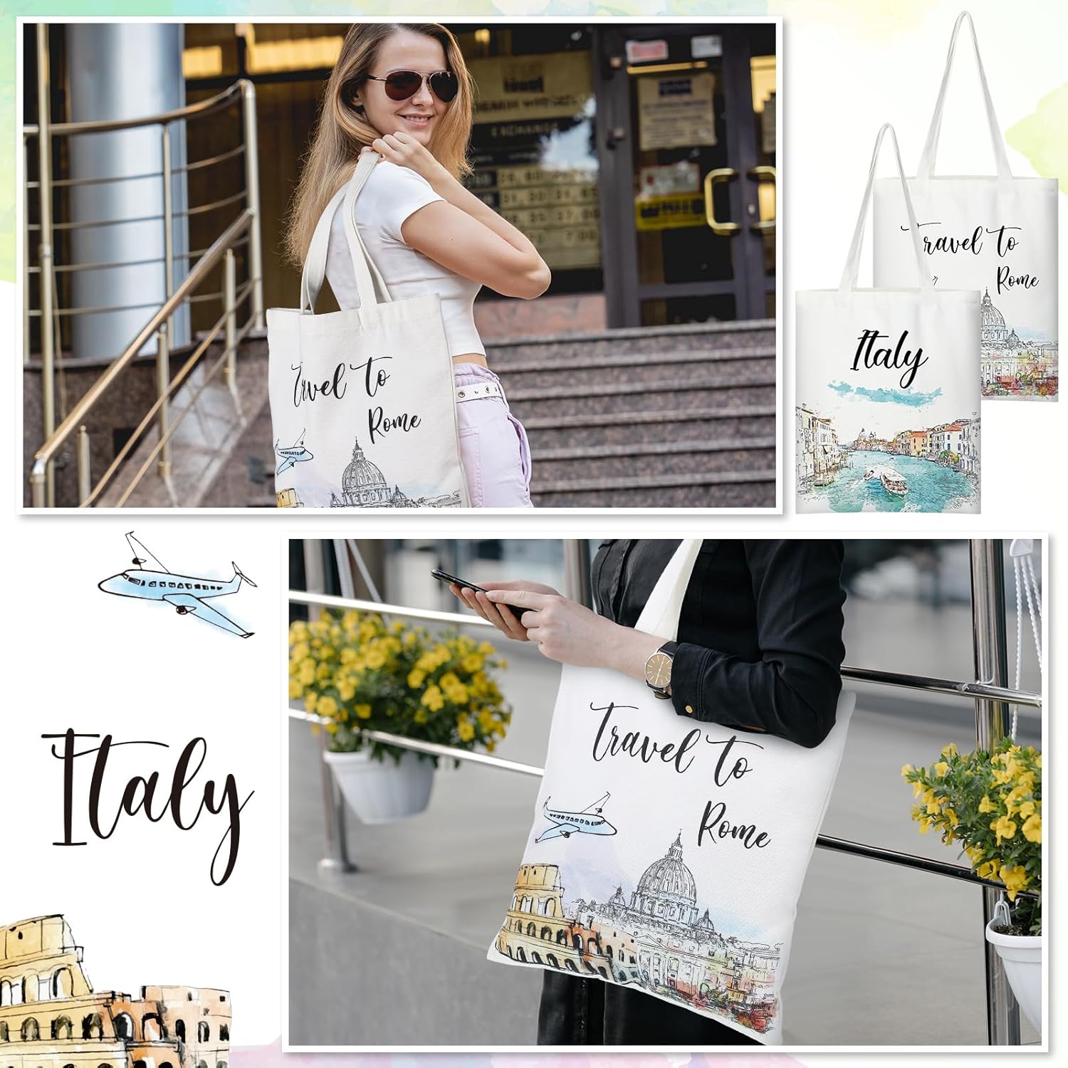 Paterr 6 Pcs Italy Canvas Tote Bags Watercolor New York Travel Souvenir Art Design Gifts Grocery Shopping Beach Bag for Travelers Women Men - Image 5