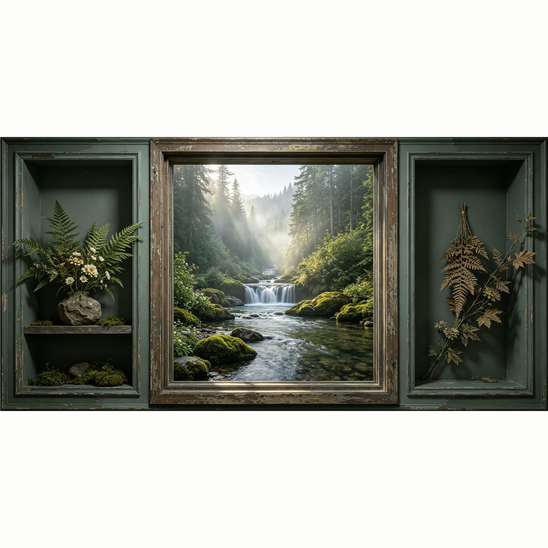 QZLITHOTIC 50x100cm 3D Framed Wall Art， Misty Forest Waterfall Landscape Vintage Botanical SelfAdhesive Mural， WaterActivated Peel & Stick Fabric Decor Wall Decal for Bedroom Living Room