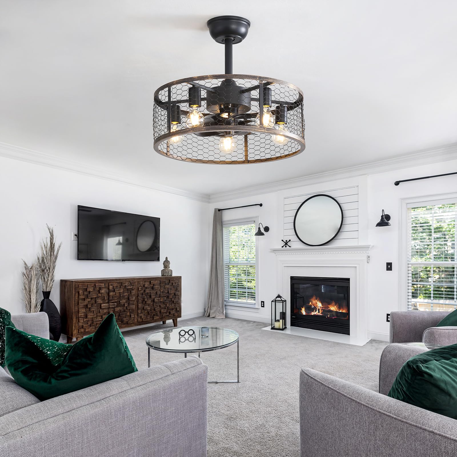 50 CM Ventola Da Soffitto Retrò Con Lampada, Tessitura Del Bambù Gabbia Agriturismo Lampadario Con Ventilatore Da Soffitto, DC Reversibile 6 Velocità Ventilatore Da Soffitto Con Luce E Telecomando-F