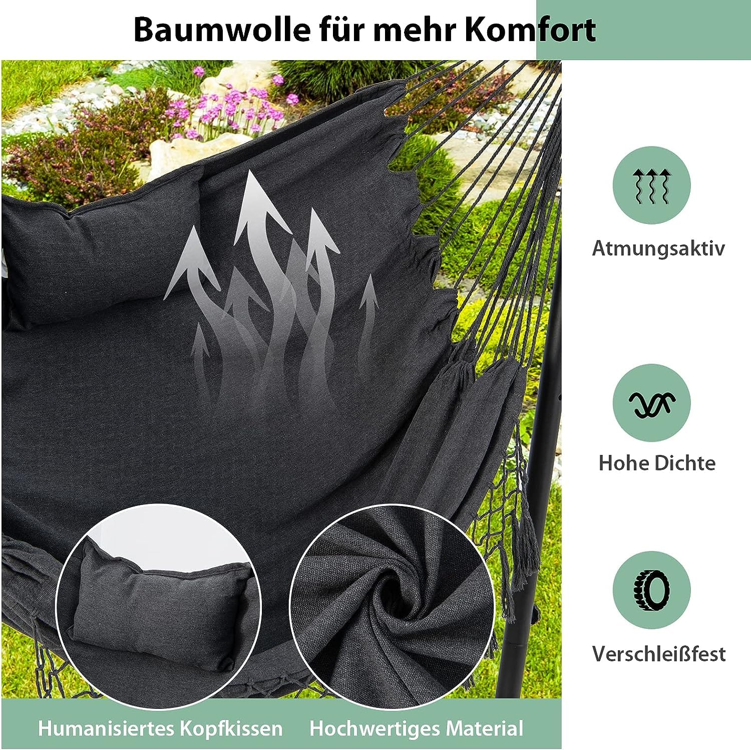 GOPLUS Silla Colgante con Estructura de Metal y Asiento de Algodón, Altura Ajustable y Soporte para Celular, Hamaca con Estructura, para Jardín, Patio y Dormitorio,Carga 250kg (Negro)