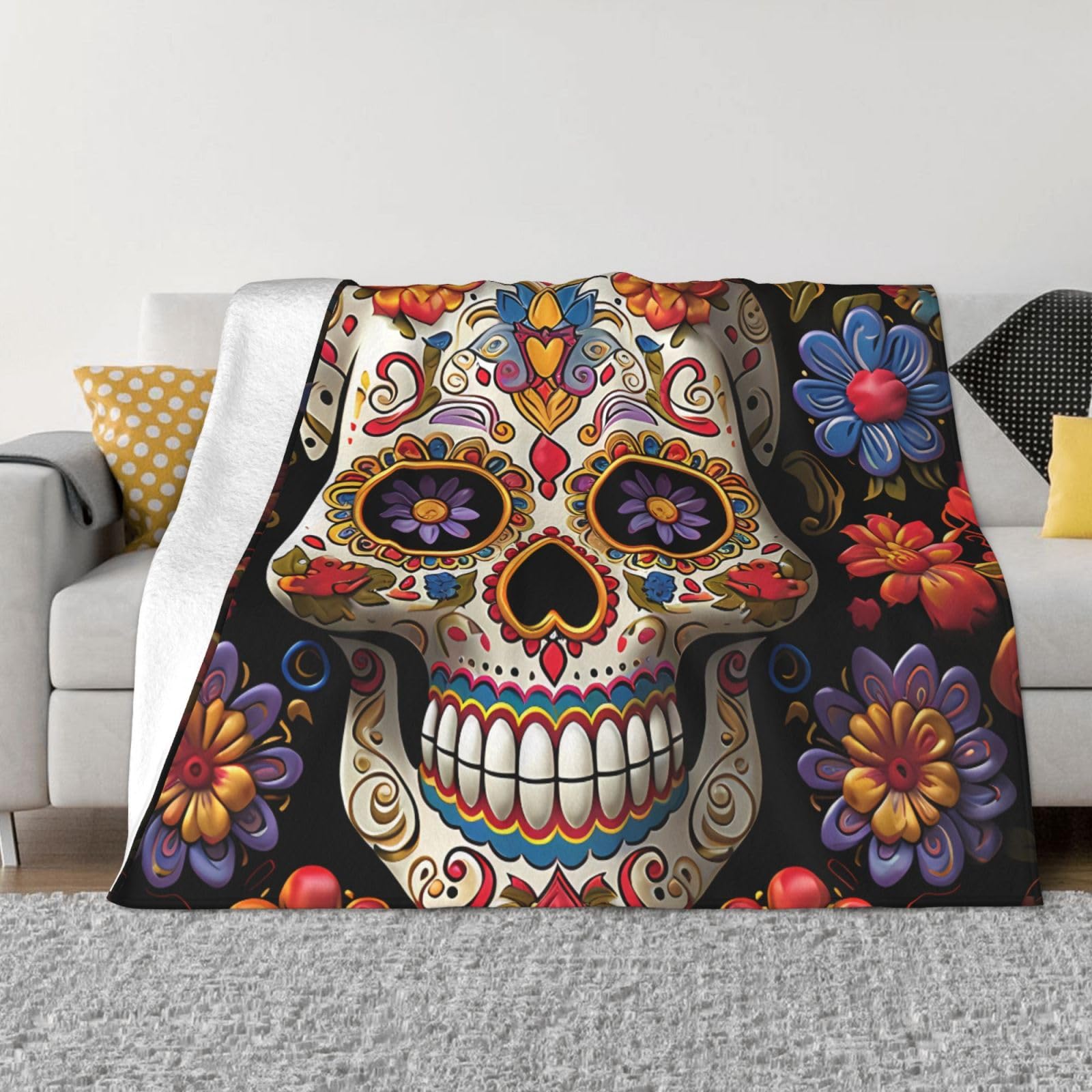 FodPand Sugar Skulls Fleece Blanket 50"x40" Lightweight Warm Throw Blanket for Bed Couch Cozy Air Conditioning Quilt All Seasons Decorative Fuzzy Blankets Gifts for Women Men