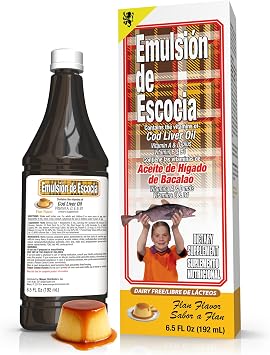 Emulsion de Escocia Flan Flavor Cod Liver Oil 1-Pack 6.5 Fl Oz / 192 ml Omega-3 with Vitamins A & D for Immune, Bone, and Eye Health Great Taste for Kids and Adults