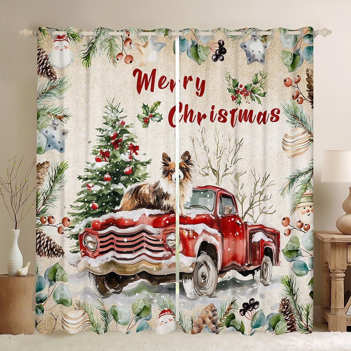 Christmas Red Truck Dog Window Curtain,Red Green Check Print Curtains,Candy Bowknot Christmas Tree Window Treatment Curtain Kids Boys Girls Room Decor,Retro Rustic Window Drapes,2 Panels,52Wx84L