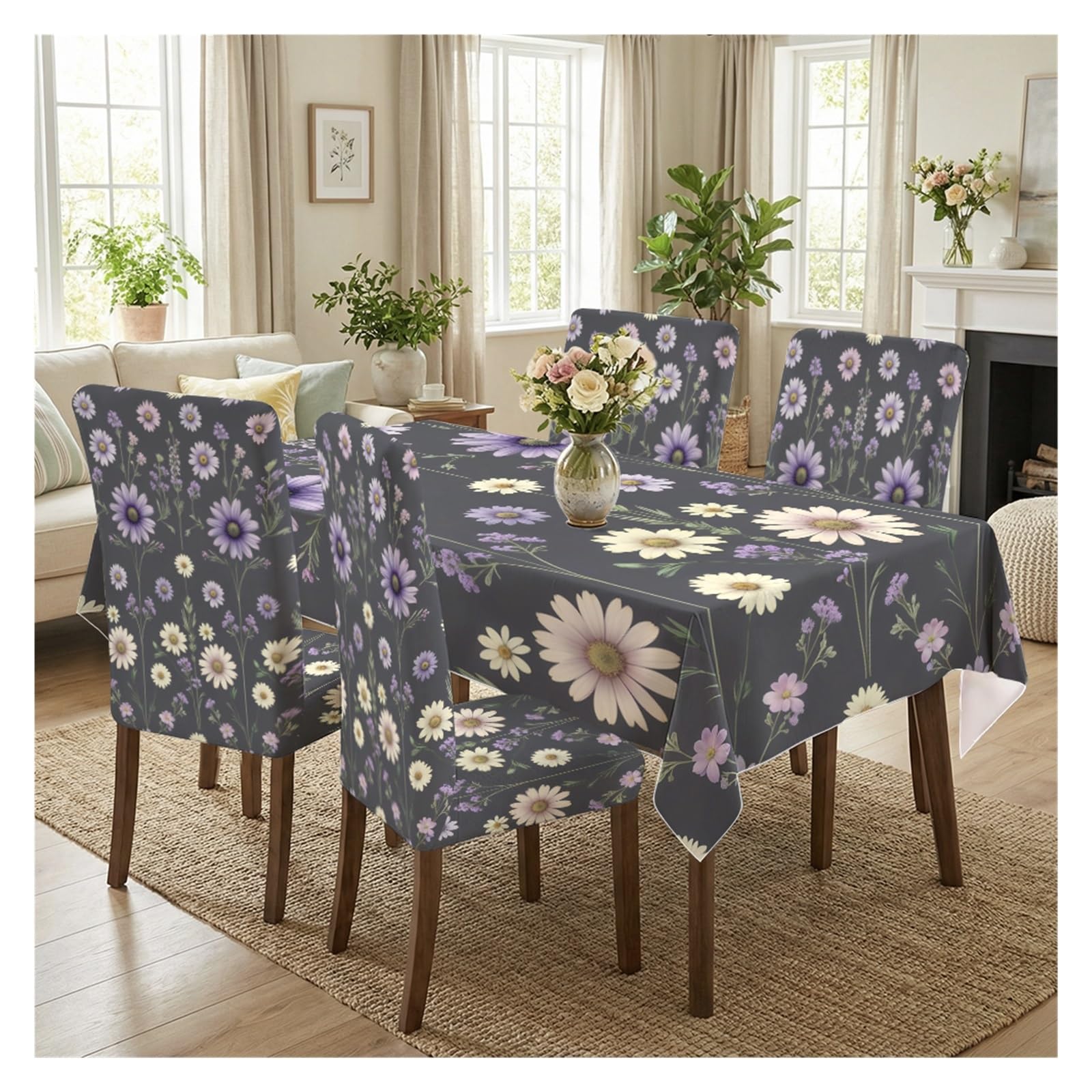 KXUAUV Dark Grey Purple White Daisy Floral Dining Tablecloth & Chair Covers Set, 5/7 Piece Moody Boho Cottage Farmhouse Dining Decor Party Decor(5pcs Set: Tablecloth+Chair Covers)