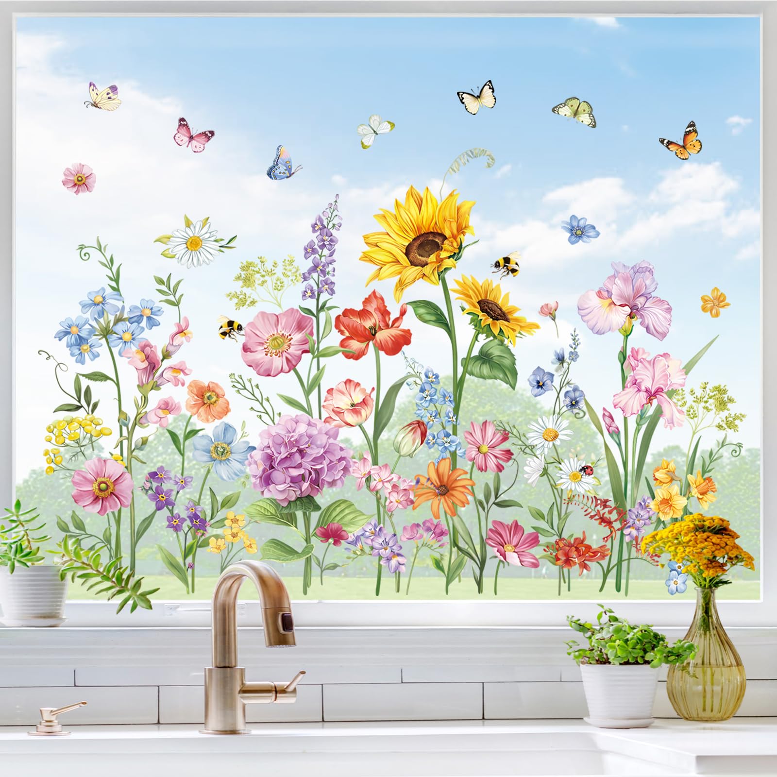 wondever Garden Flowers Window Clings Wildflower Sunflower Iris Floral Butterflies Glass Sticker Decal Anti Collision Double-Side Static Window Stickers for Home Glass Window - Image 3