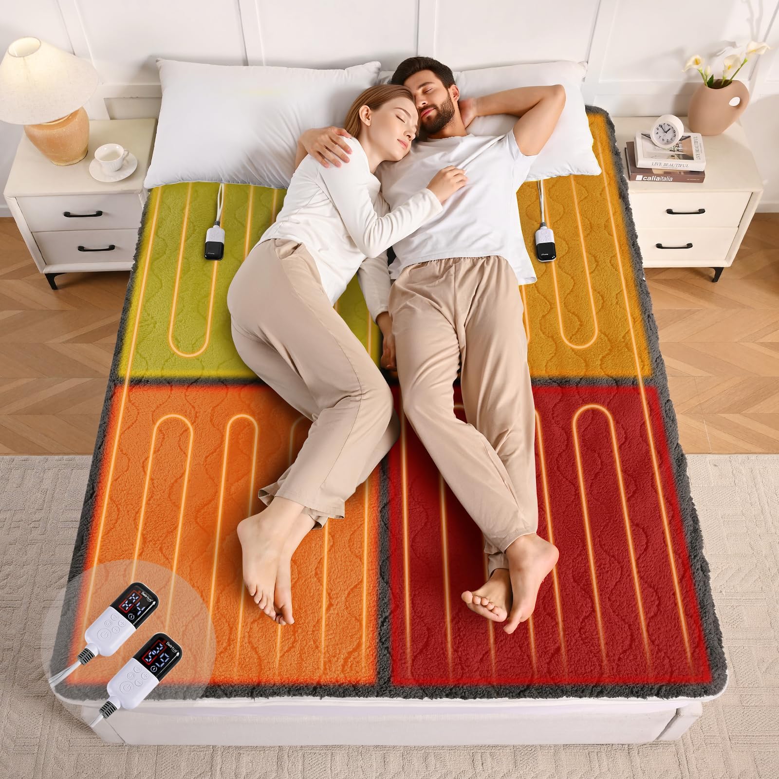 Bearhug Multi-Zone Electric Heated Mattress Pad King Size, Dual Control Bed Warmer with Memory &amp; 11 Heat Level, 1-9H Auto Off, Individual Body &amp; Feet Settings, Deep Pocket ETL Certified, Machine Wash