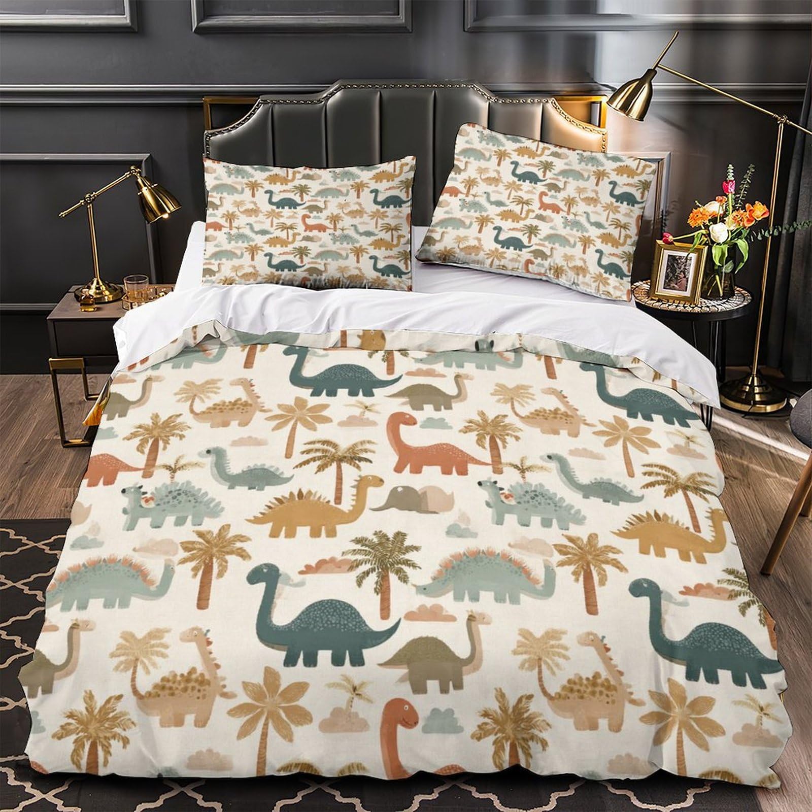 Parure de lit dinosaure 220x240 cm avec housse de couette en microfibre et taies d'oreiller