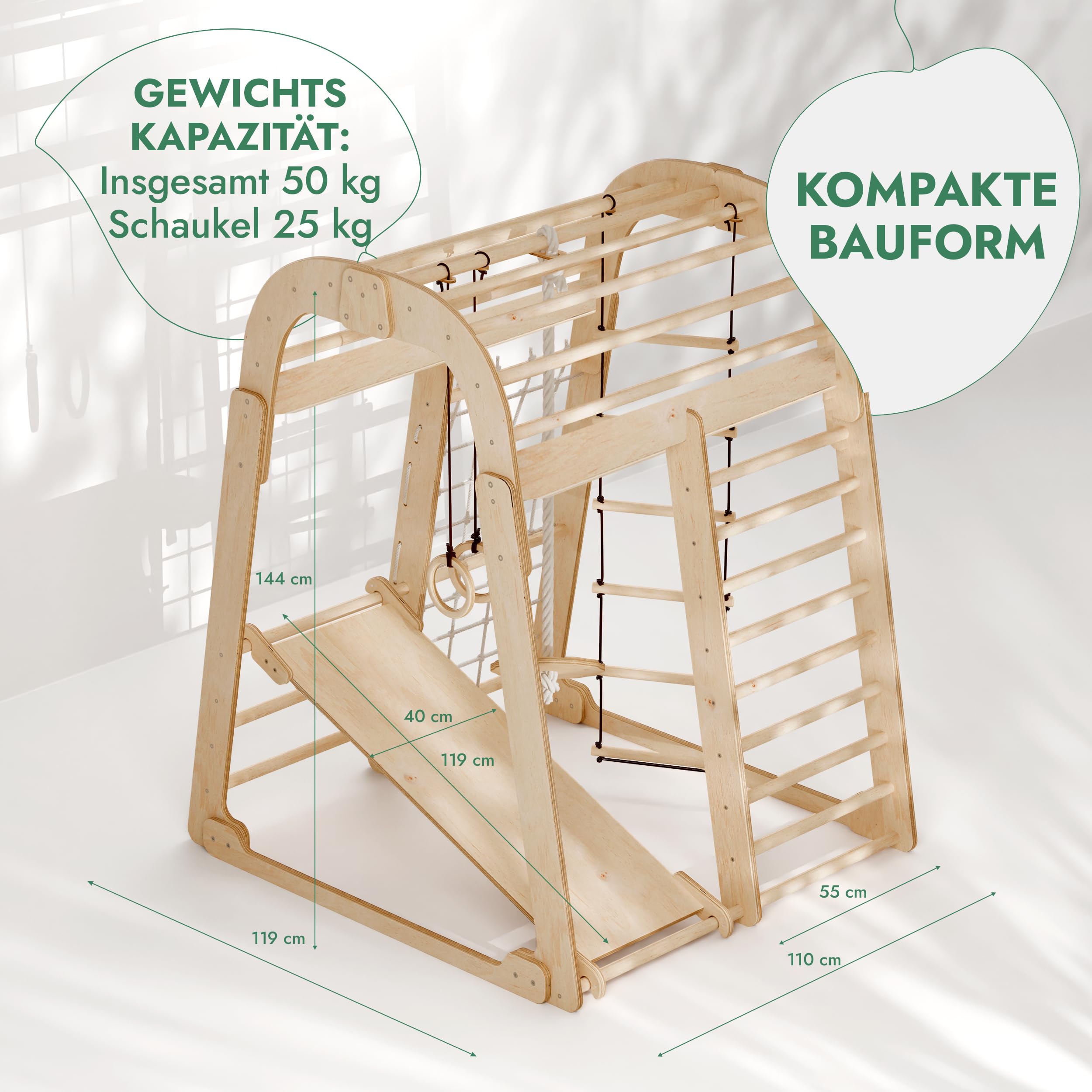 Montessori Struttura in Legno per Bambini, Parco Giochi con Scivolo, Altalena, Parete da Arrampicata, Corda, Scala a Maglia 3-8