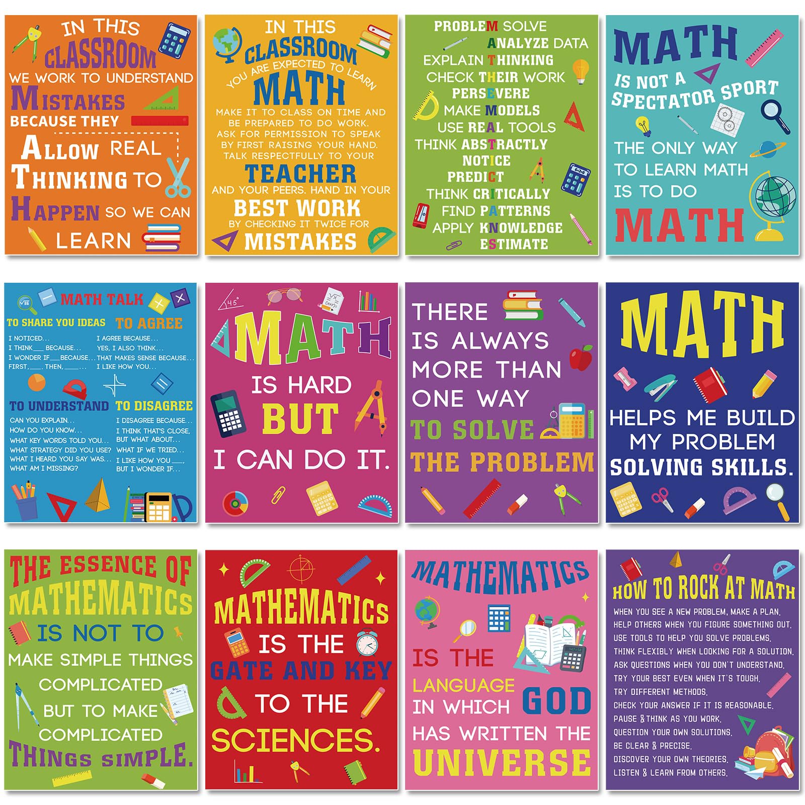 Faccito 12 Pcs Math Inspirational Posters for Classroom, 10" x 12" Motivational Positive Mathematics Educational Posters for Elementary Middle High