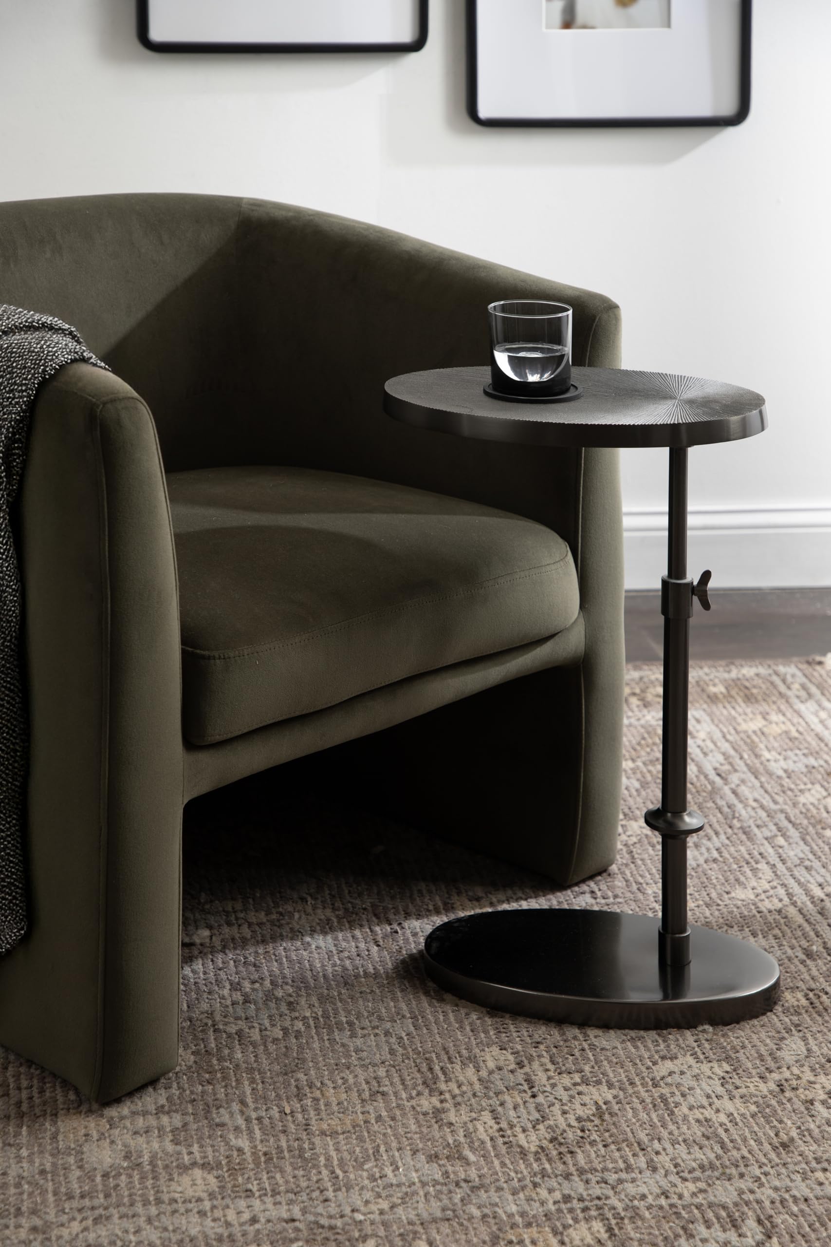 Kate and Laurel Engles Traditional Adjustable-Height Oval C-Table, 15 x 10 x 28, Gray Gunmetal, Vintage Round Indoor Metal C-Shaped End Table with Embossed Pattern for Use as Overbed Table