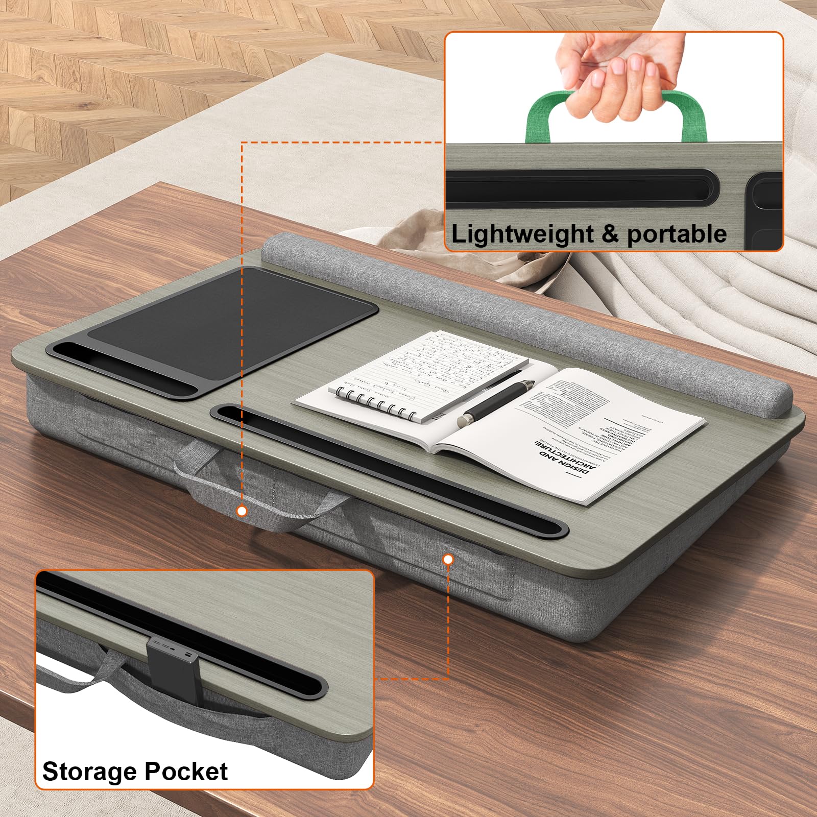 PUTORSEN Poduszka laptopowa 17,3" regulowana wysokość z uchwytem, Szary | Regulacja wysokości 7-11,5cm, podpórka, uchwyt na telefon/tablet, lekki z rączką, stabilny na łóżku i sofie