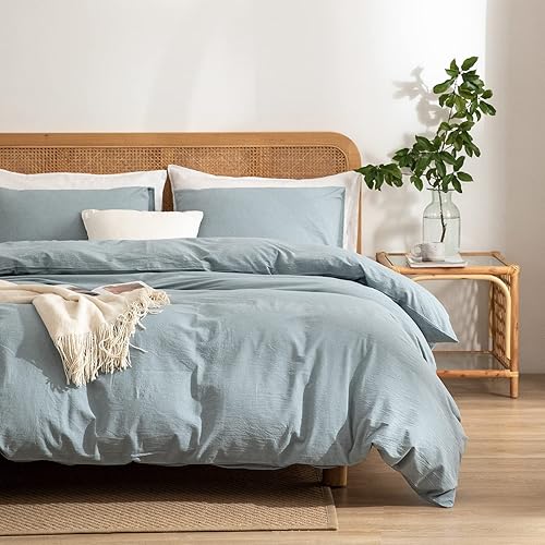 Miniatura 2 de Juego de funda de edredón azul claro, tamaño Queen, 100% algodón lavado con textura similar al lino, juego de ropa de cama de 3 piezas, color liso,