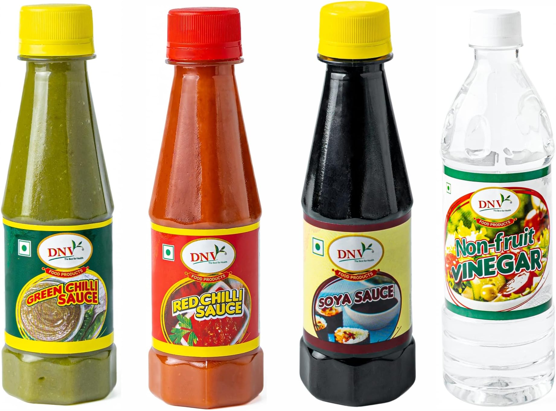 DNV Chinese Food Sauces Combo of Green Chilli 200gm, Red Chiili 200gm , White Vinegar 350ml & Soy Sauce 200gm