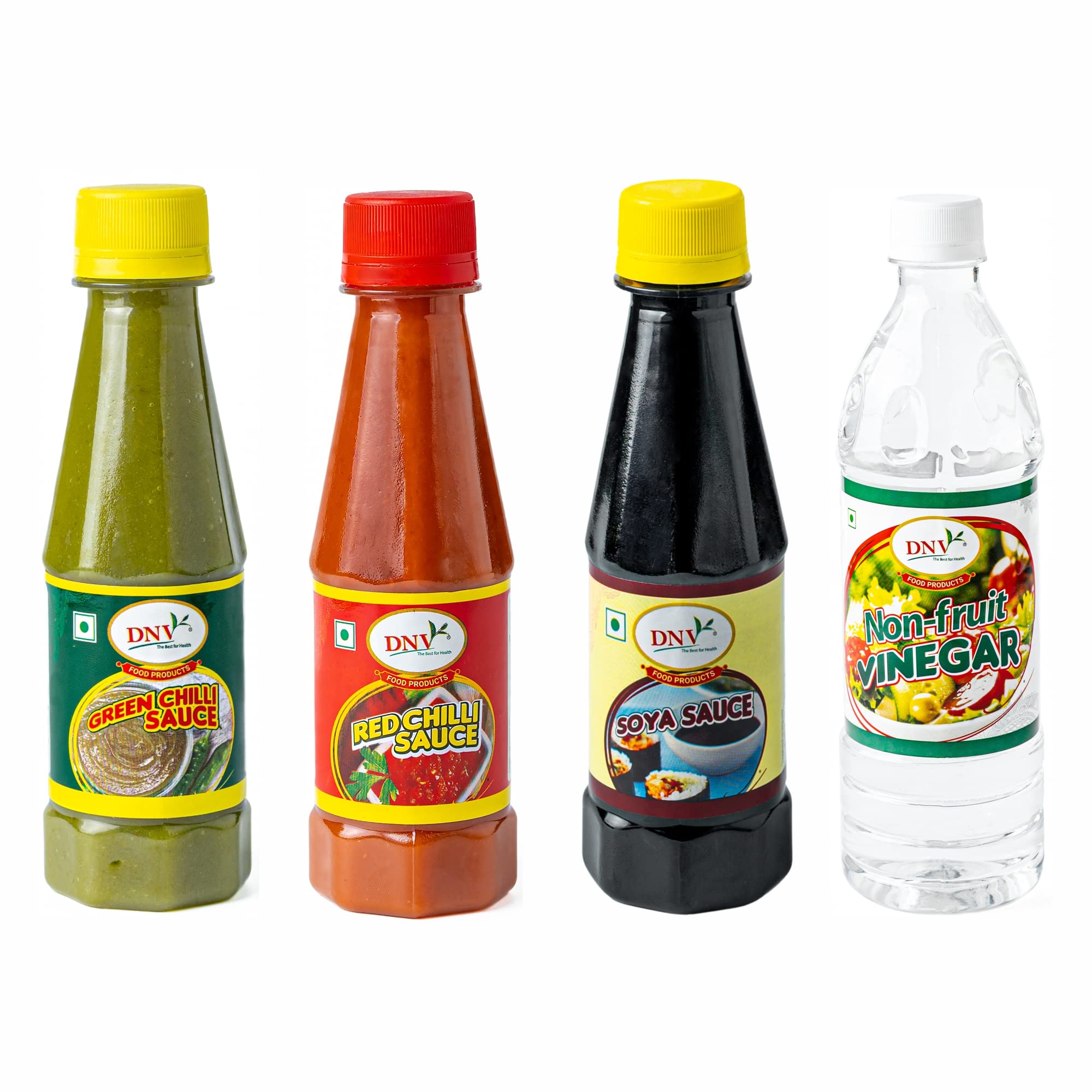 DNV Chinese Food Sauces Combo of Green Chilli 200gm, Red Chiili 200gm , White Vinegar 350ml & Soy Sauce 200gm