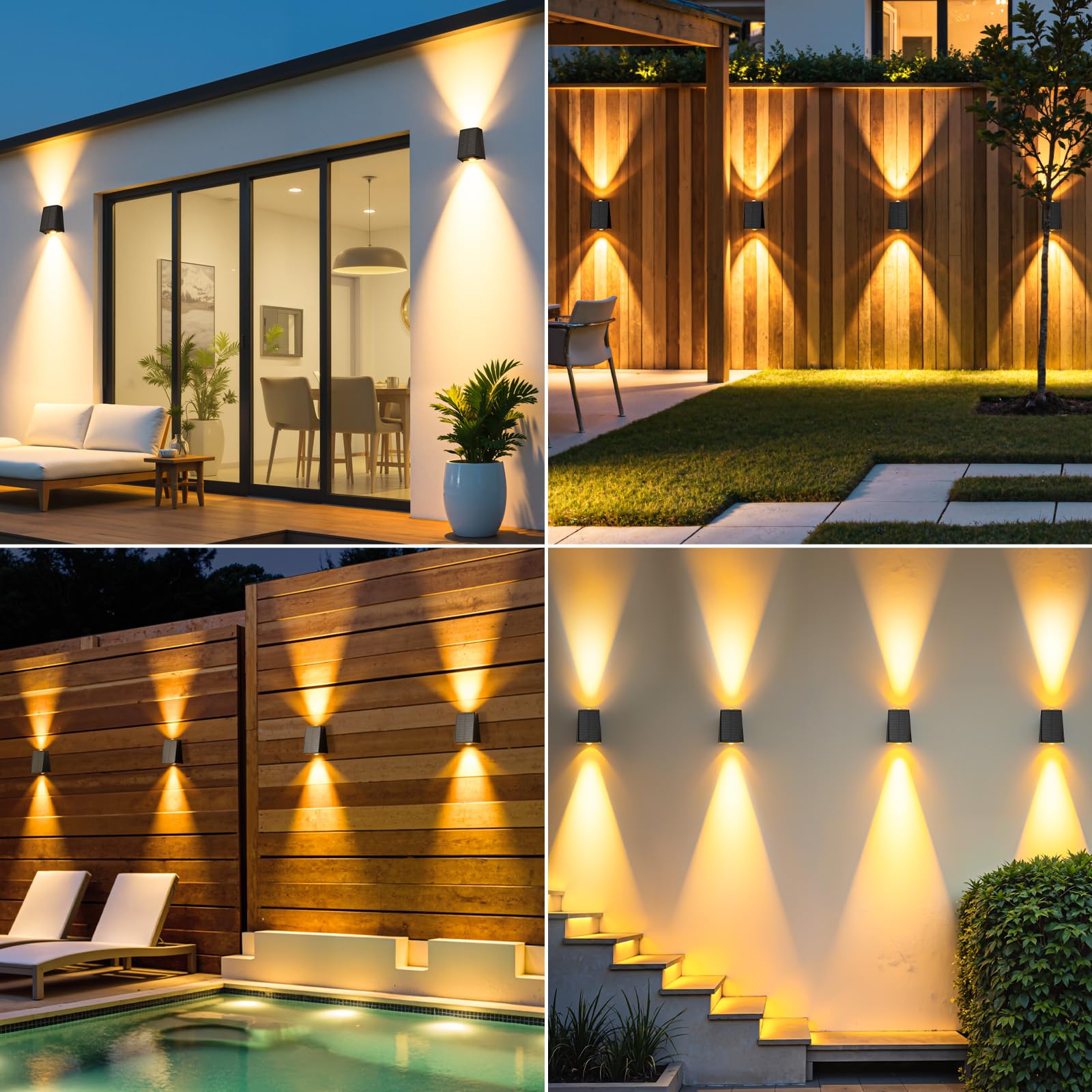 Solar-Außenwandleuchten nach oben und unten, IP65 wasserdichte LED-Außen-Sicherheits- und Dekorationsbeleuchtung für Haus, Garage, Terrasse, Hof, Garten, Veranda (Warmweiß), 6 Stück