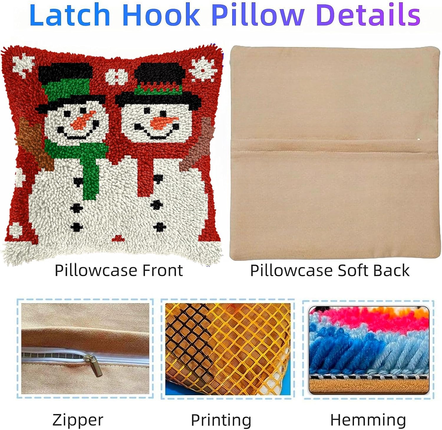 Latch Hook Pillow Kit Two Christmas Snowman with Pre-Printed Pillow Cover DIY Pillowcase Crochet Yarn Hooking Craft Set for Hobby and Home Decor 43x43cm-3
