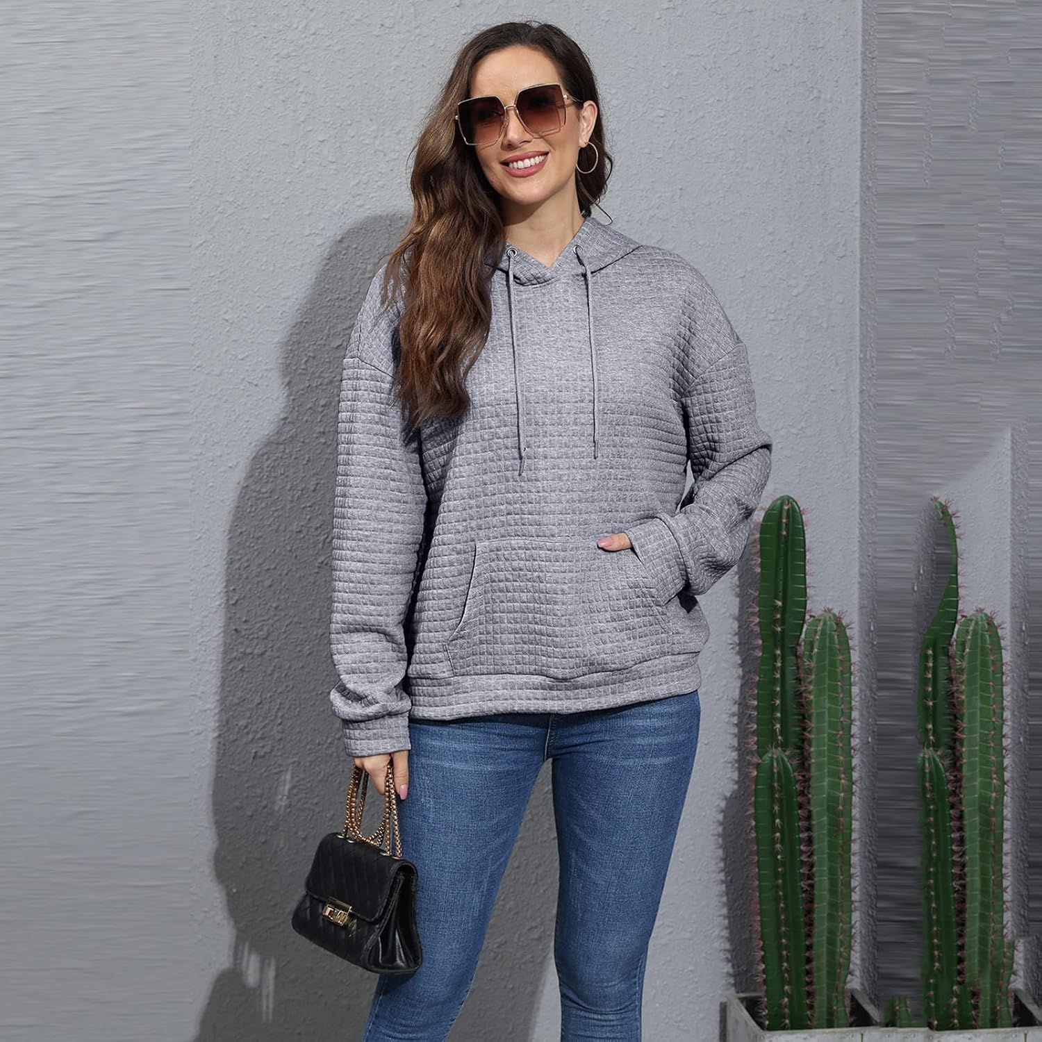 Plus Size Tops for Women Waffle Knit Warm Oversized Hoodie Winter Long Sleeve Hooded Fall Sweatshirt with Pockets - Image 3