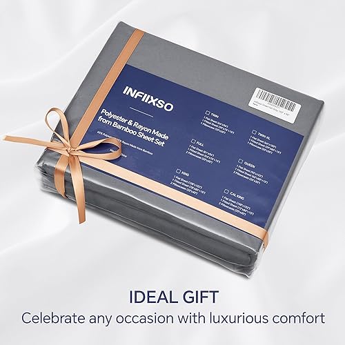 Miniatura 7 de INFIIXSO Juego de sábanas tamaño King, color gris, poliéster y rayón derivado de sábanas sedosas de bambú, bolsillos profundos que se adaptan a
