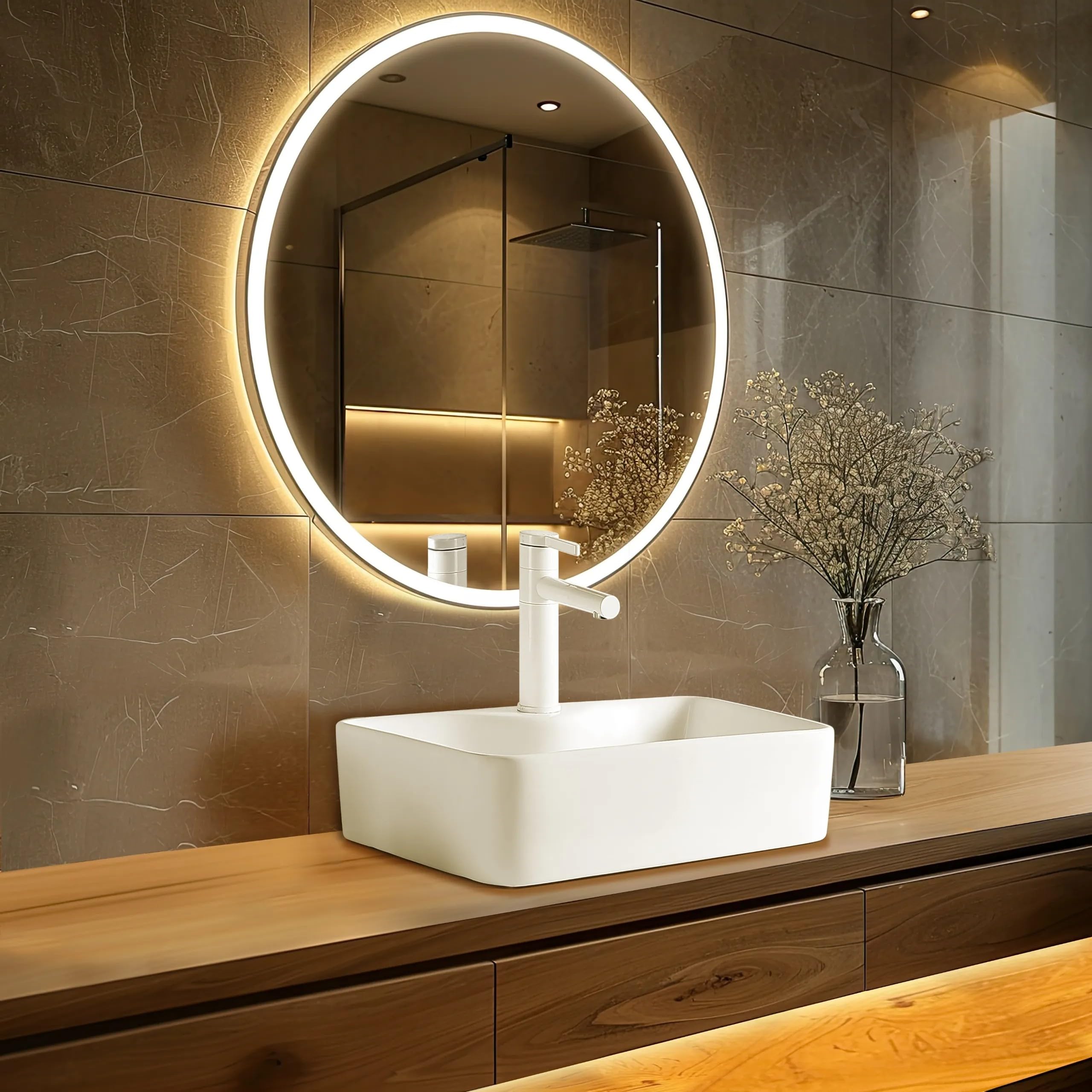 SAVIA Lavabo Sobre Encimera Rectangular 49x38 cm con Agujero para Grifo, Moderno y Resistente, Resistente a Químicos, Agradable al Tacto, Blanco de Conglomerado