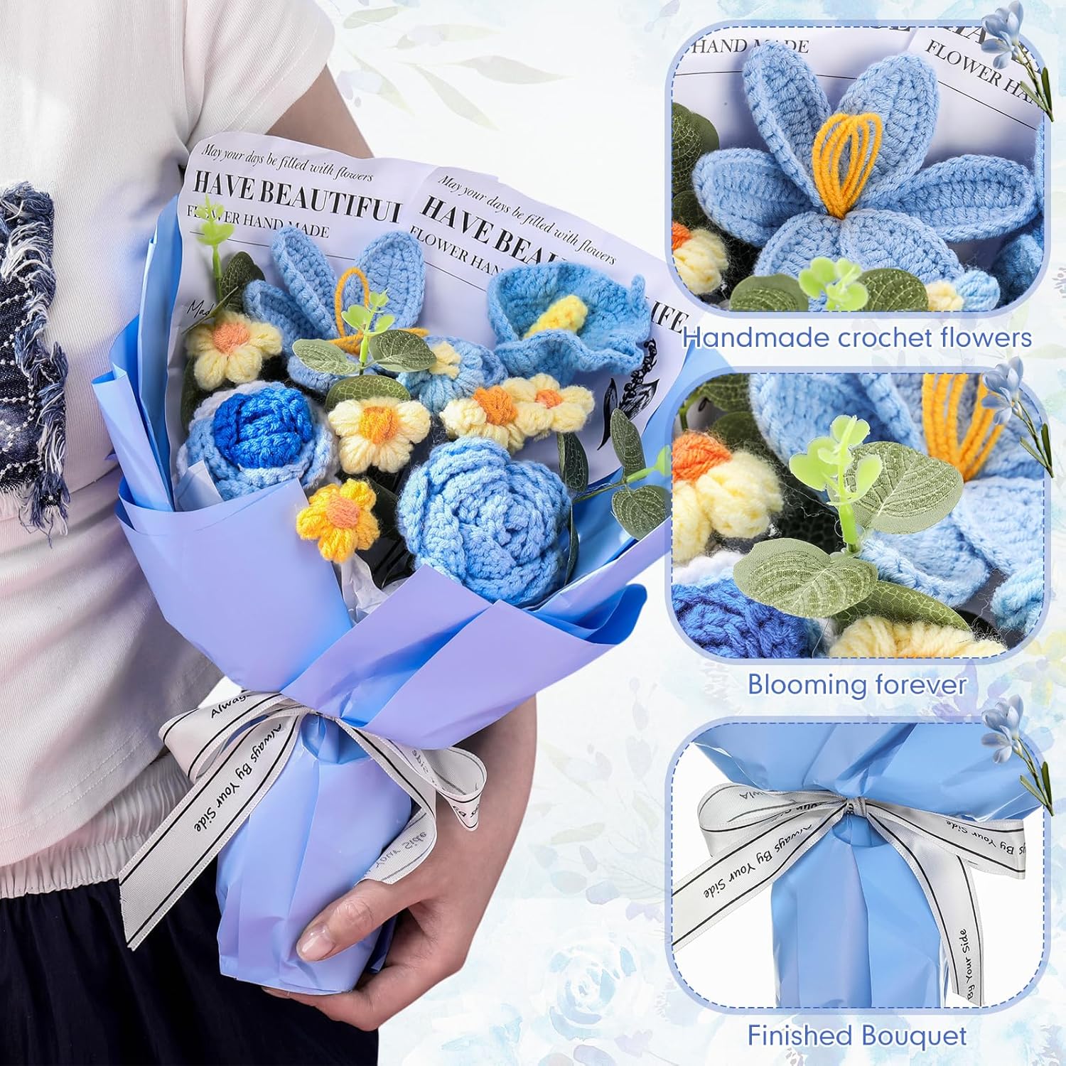 Crochet Flowers Bouquet Gift for Women 10 Pcs Handmade Crochet Tulips Roses Calla Lily Flower Artificial Knitted Bouquet LED Light Bag for Weddings Home Decor(Blue) - Image 3
