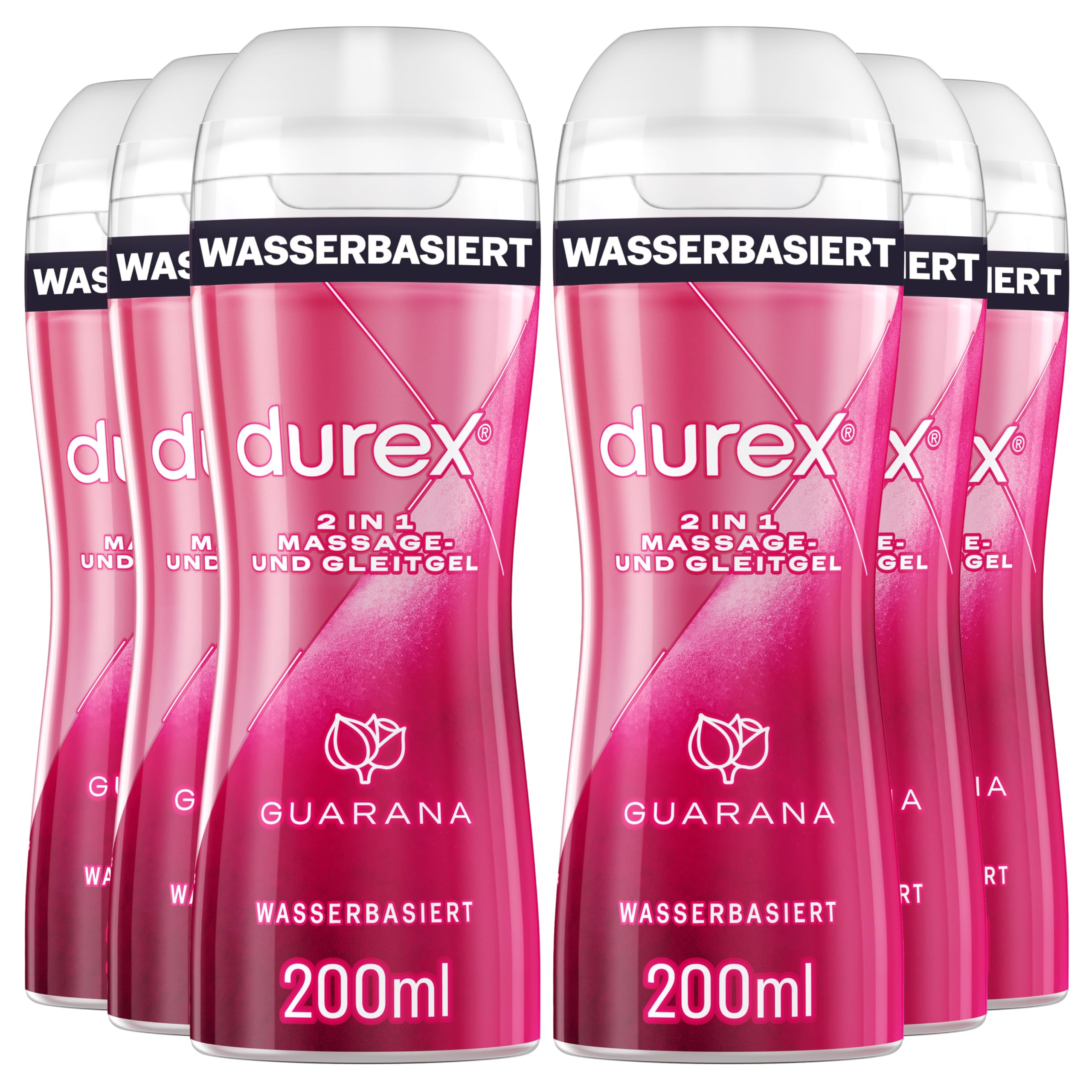 Durex 2 in 1 Massage- und Gleitgel Guarana – Mit Massage-Applikator, Kondom-geeignet, klebt nicht & hinterlässt keine Flecken, Geschmeidige Textur auf Wasserbasis – 200 ml (6er Pack)