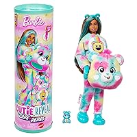 Barbie - Good Vibes Bear, bambola Cutie Reveal Care Bears Serie 2 con costume in peluche e mini orso