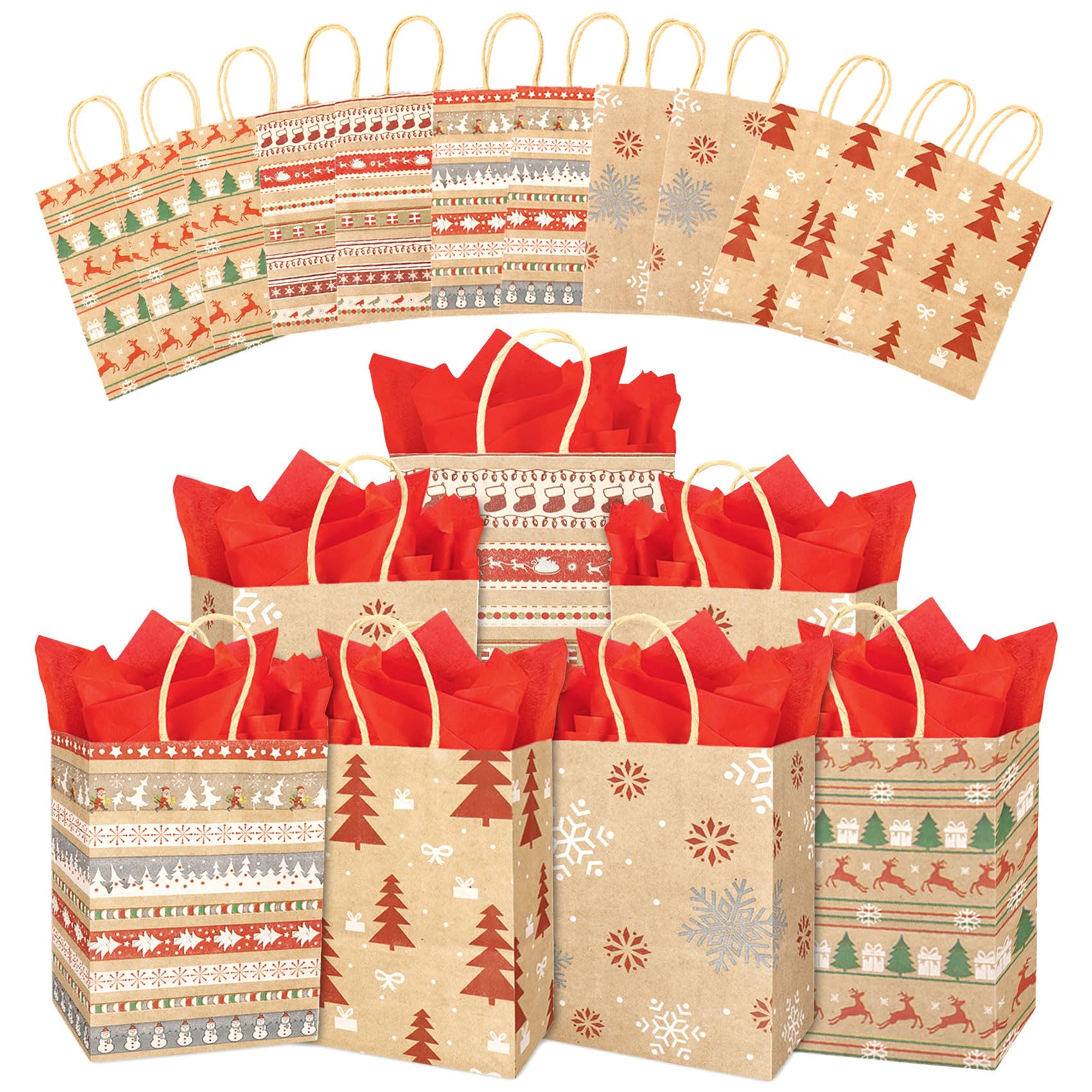 18-Pack Christmas Kraft Gift Bags With Handles - Blue Holiday Pattern Party Favor Bags