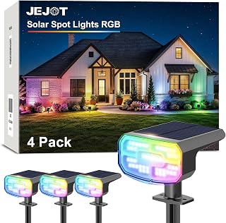 JEJOT Color Changing Solar Spot Lights Outdoor Waterproof IP65,8 Lighting Modes Multicolor RGB Christmas Spotlight for Porches Yard Gardens Landscape Deconrations-4 Pack