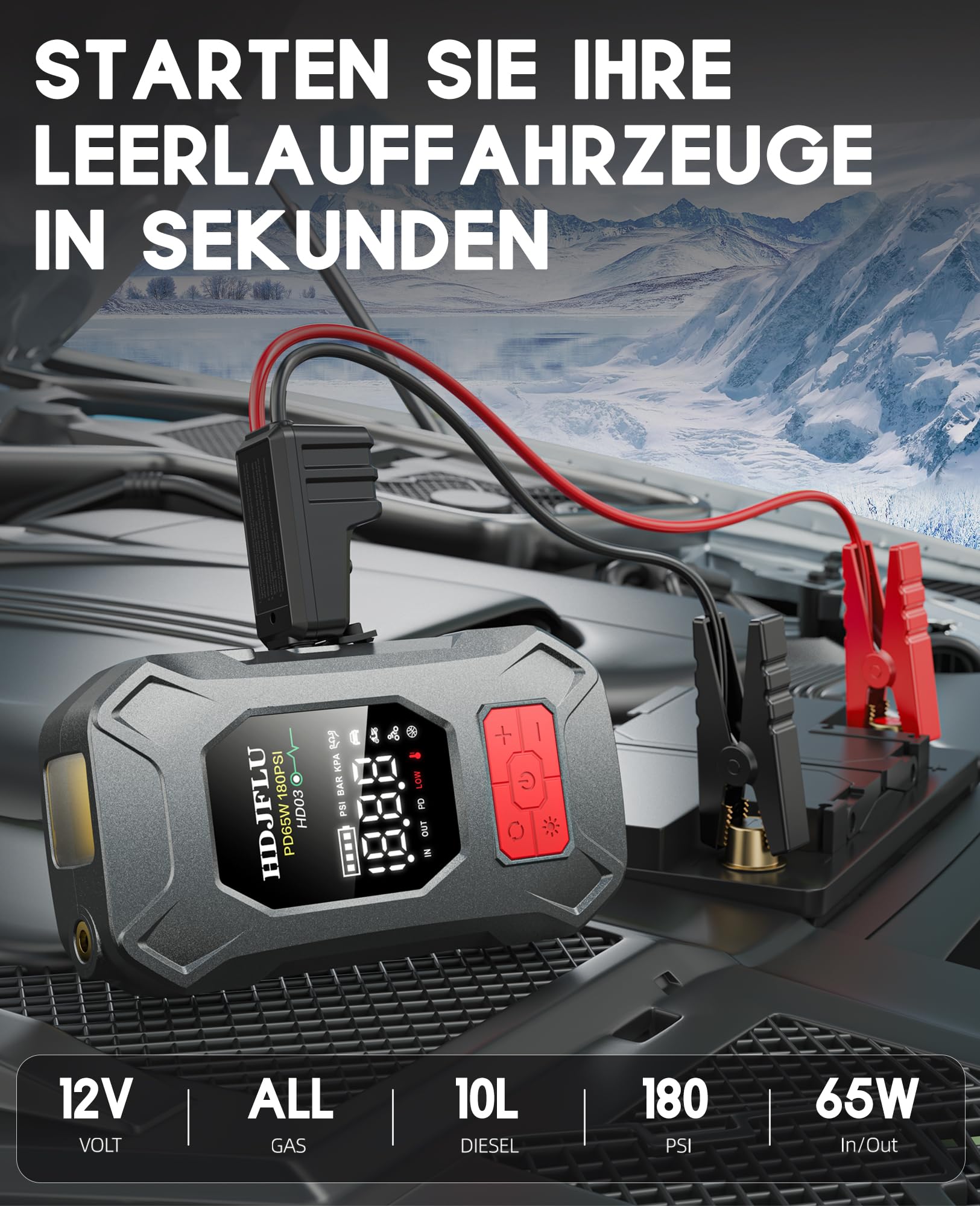 7500A con compressore d'aria da 180PSI, ricarica rapida da 65W, batteria portatile per auto da 24000mAh, gonfiatore di pneumatici da 12V (per benzina e diesel fino a 10L), luce LED