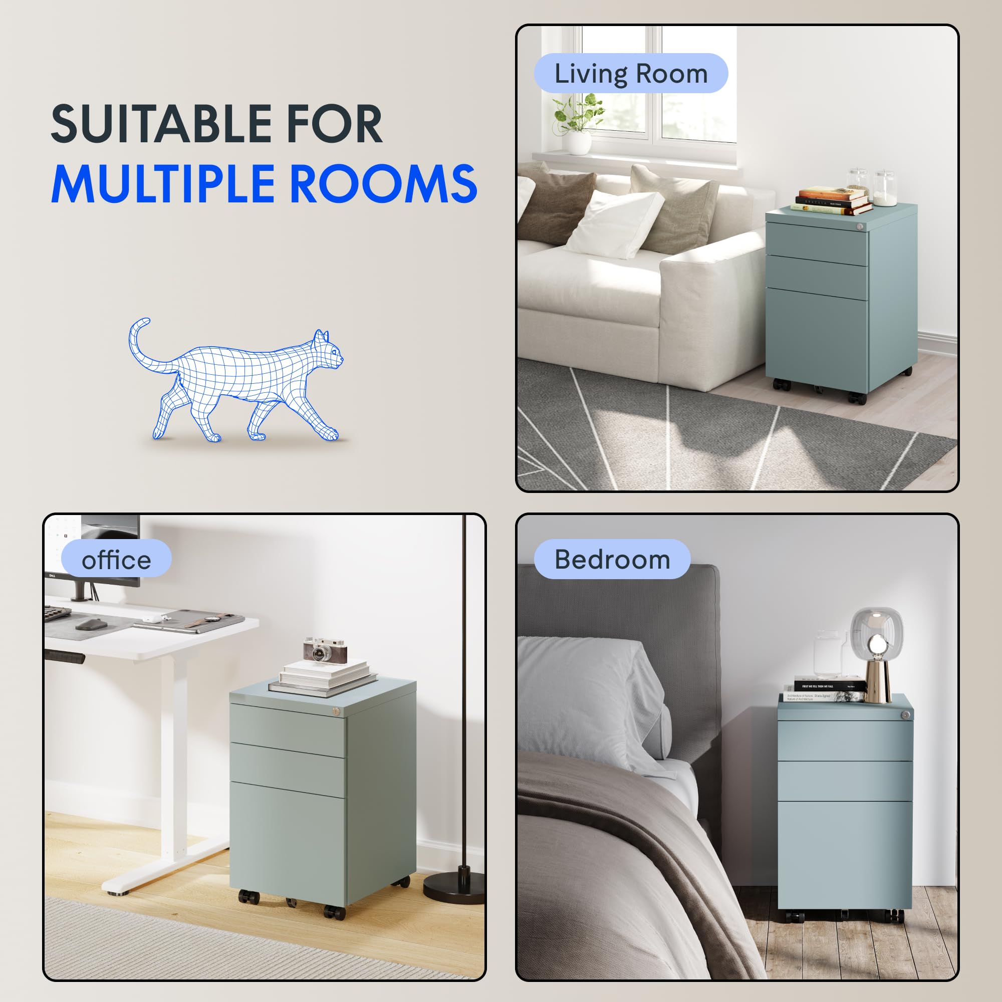 FLEXISPOT schedario con 3 cassetti, cassettiera da ufficio con ruote, armadietto con serratura e sistema anti-ribaltamento, mobiletto porta documenti per casa e ufficio, grigio blu