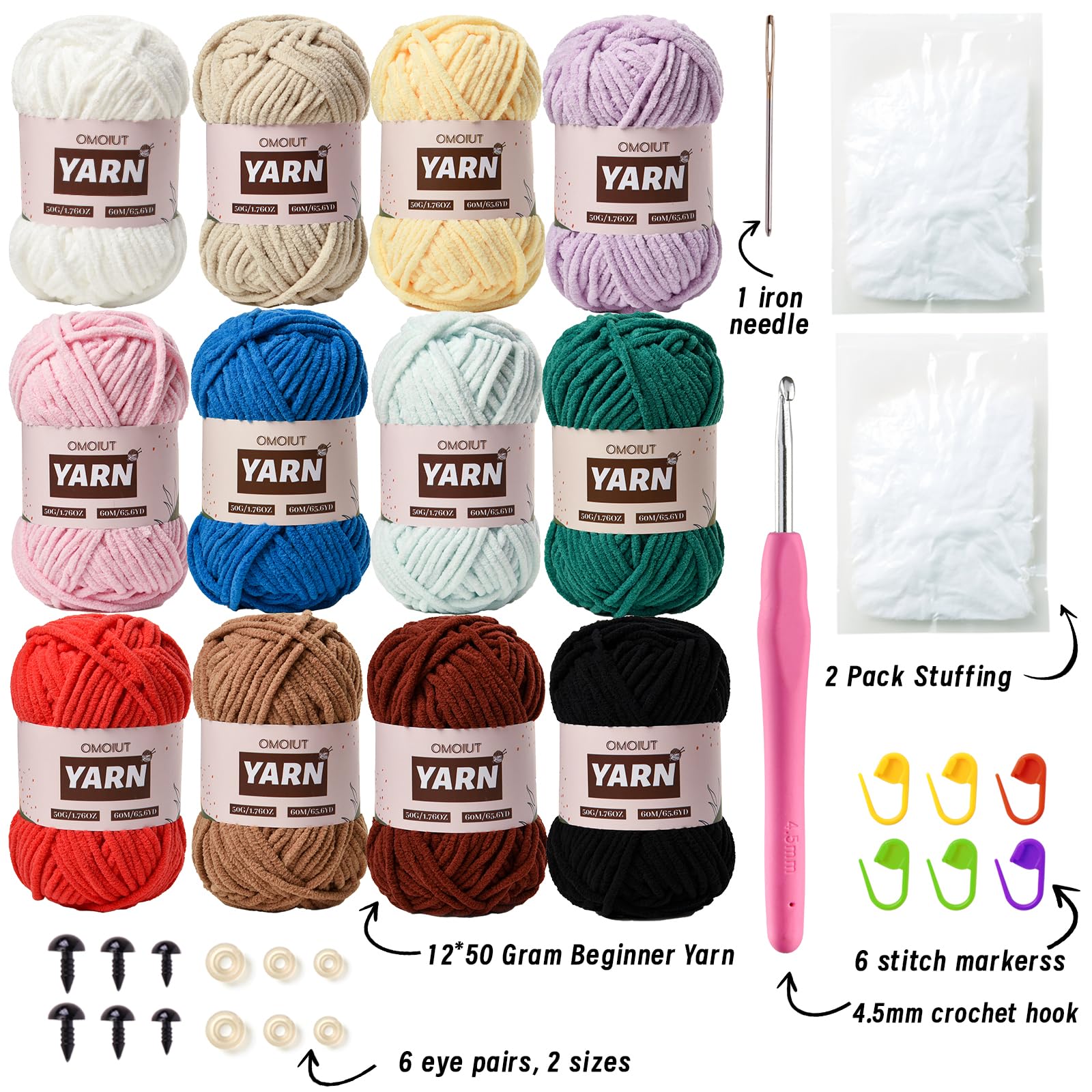 12 Pack Chenille Velvet Yarn - Baby Yarn for Crocheting Soft - Amigurumi Yarn Set with 600g(787yd) Crochet Yarn Crochet Hook?Stitch Markers?Fluffy Stuffing?Accessories B