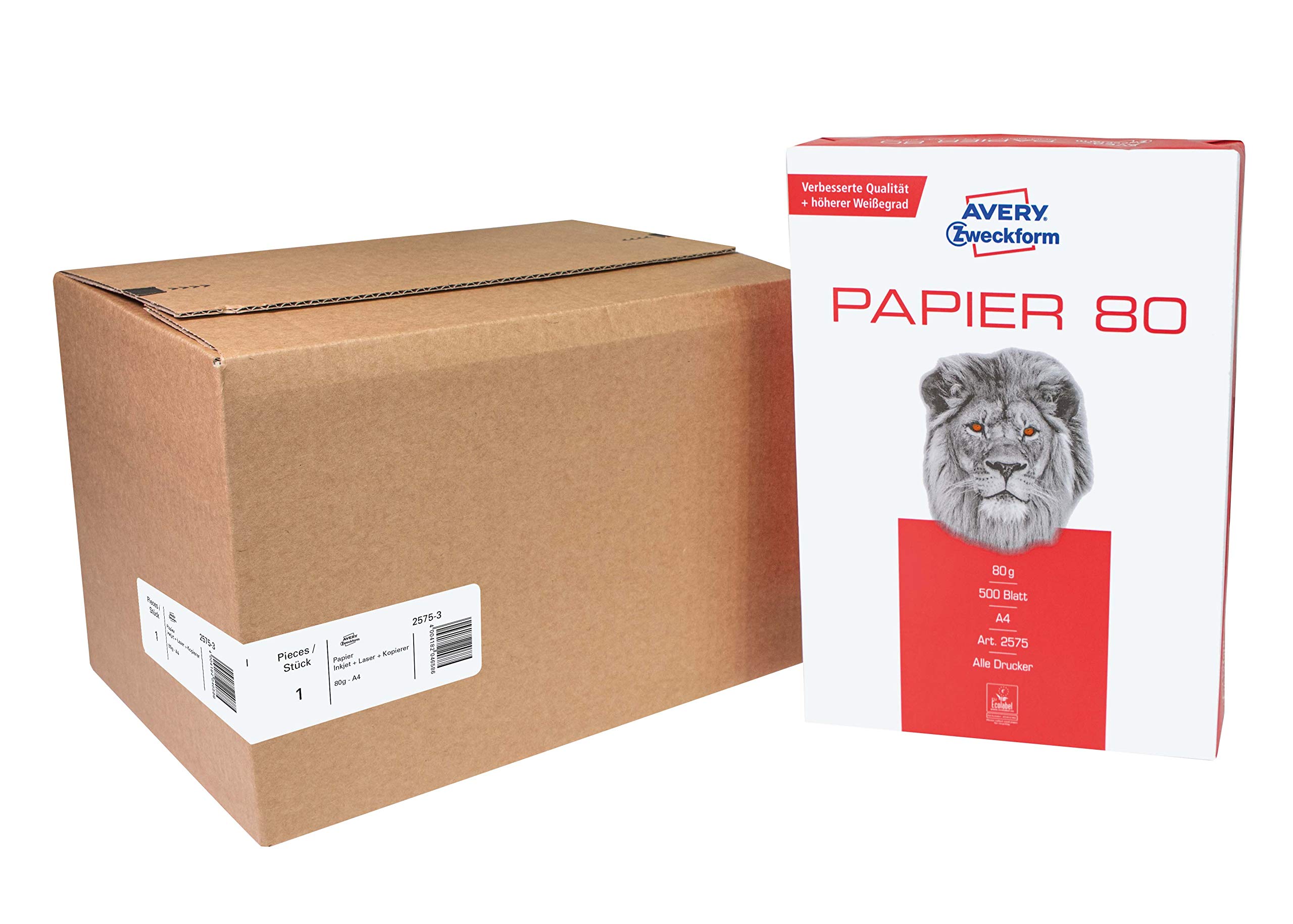 AVERY Zweckform 2575 papier do drukarek, papier do kopiowania (1500 arkuszy, gramatura 80 g/m², papier DIN A4, do wszystkich drukarek), 1 pudełko z 3 paczkami, biały