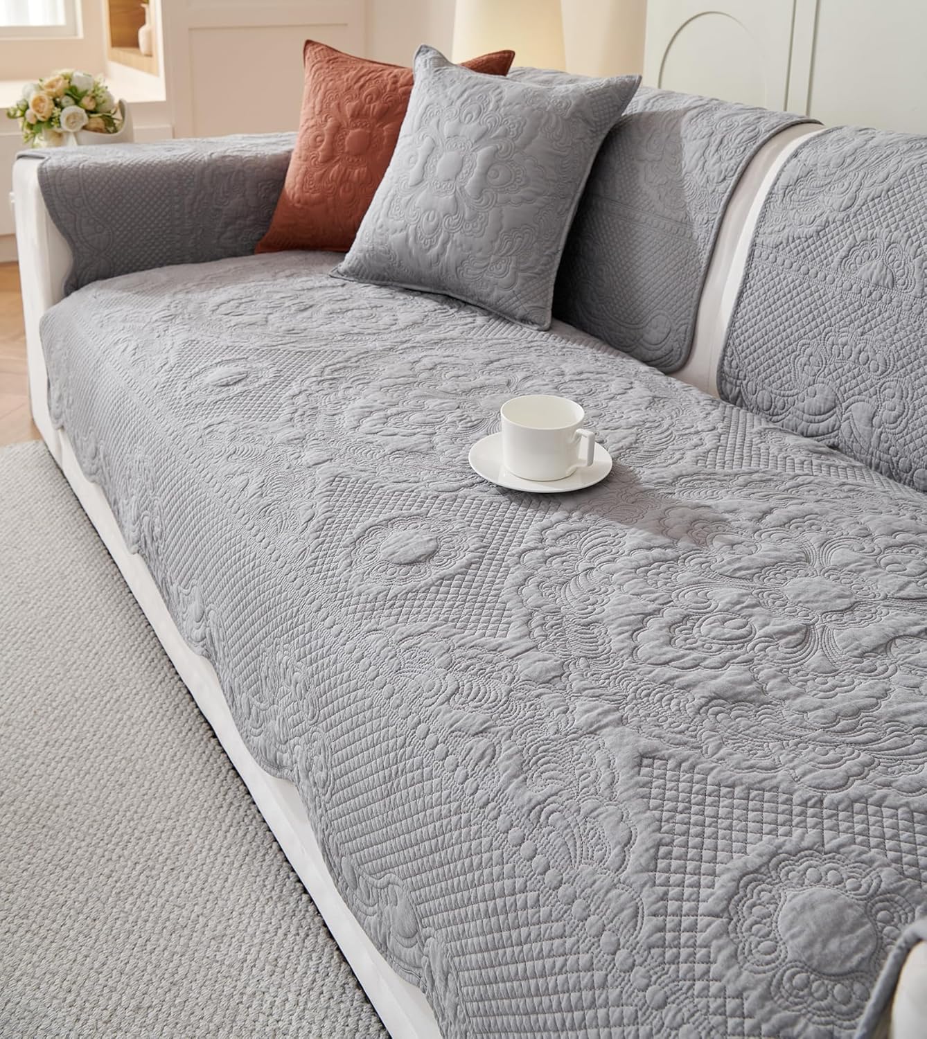 vctops Boho Cotton Quilted Couch Cover Soft Embroidered Sofa Cover Non-Slip Dog Bed Cover Scalloped Sofa Slipcover Washable Furniture Protector Cover (Light Grey,36"x47")