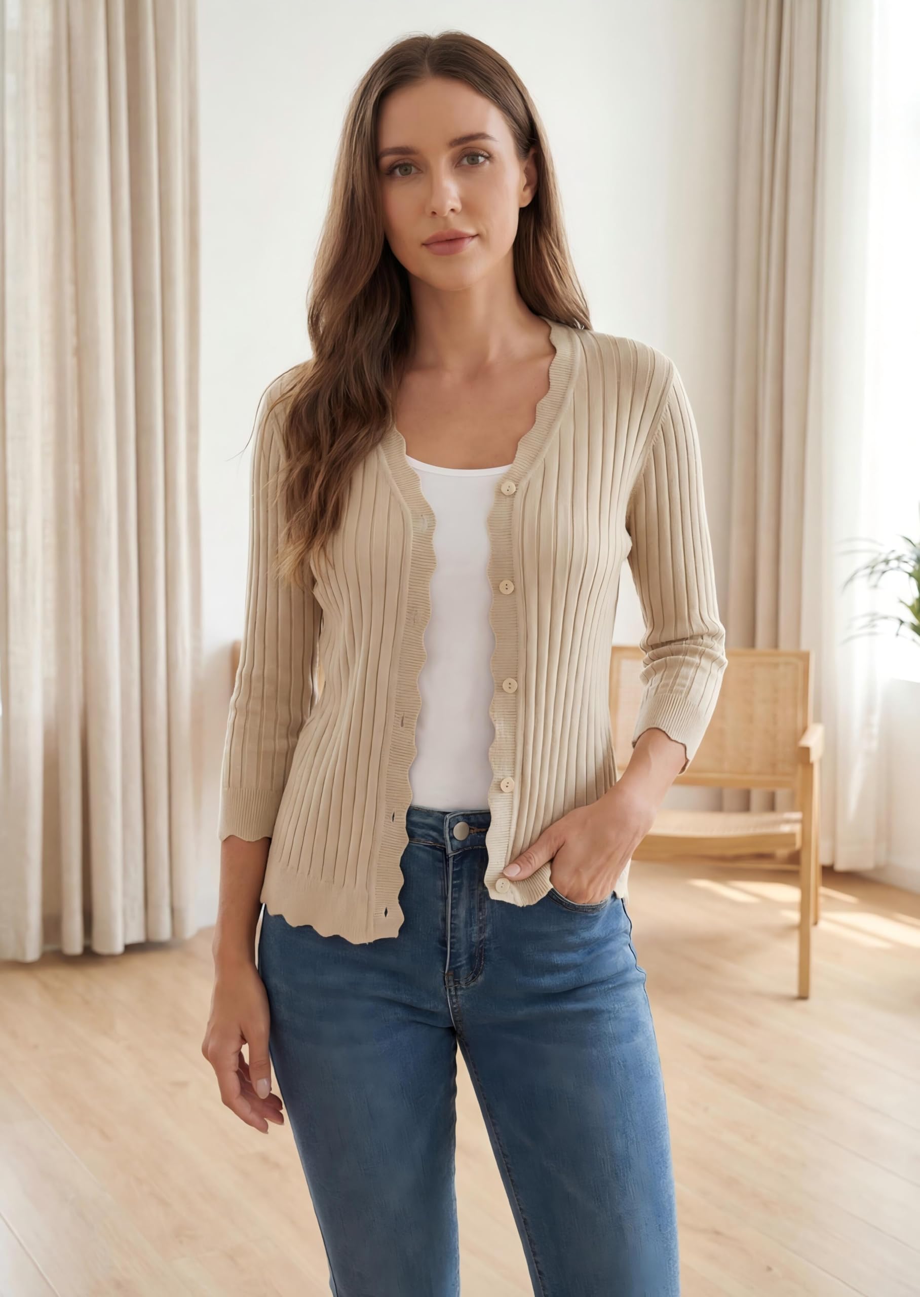 GRECERELLE Cárdigan para mujer con manga 3/4, elegante cárdigan con dobladillo ondulado, cuello en V, chaqueta ligera de punto acanalado para verano y entretiempo