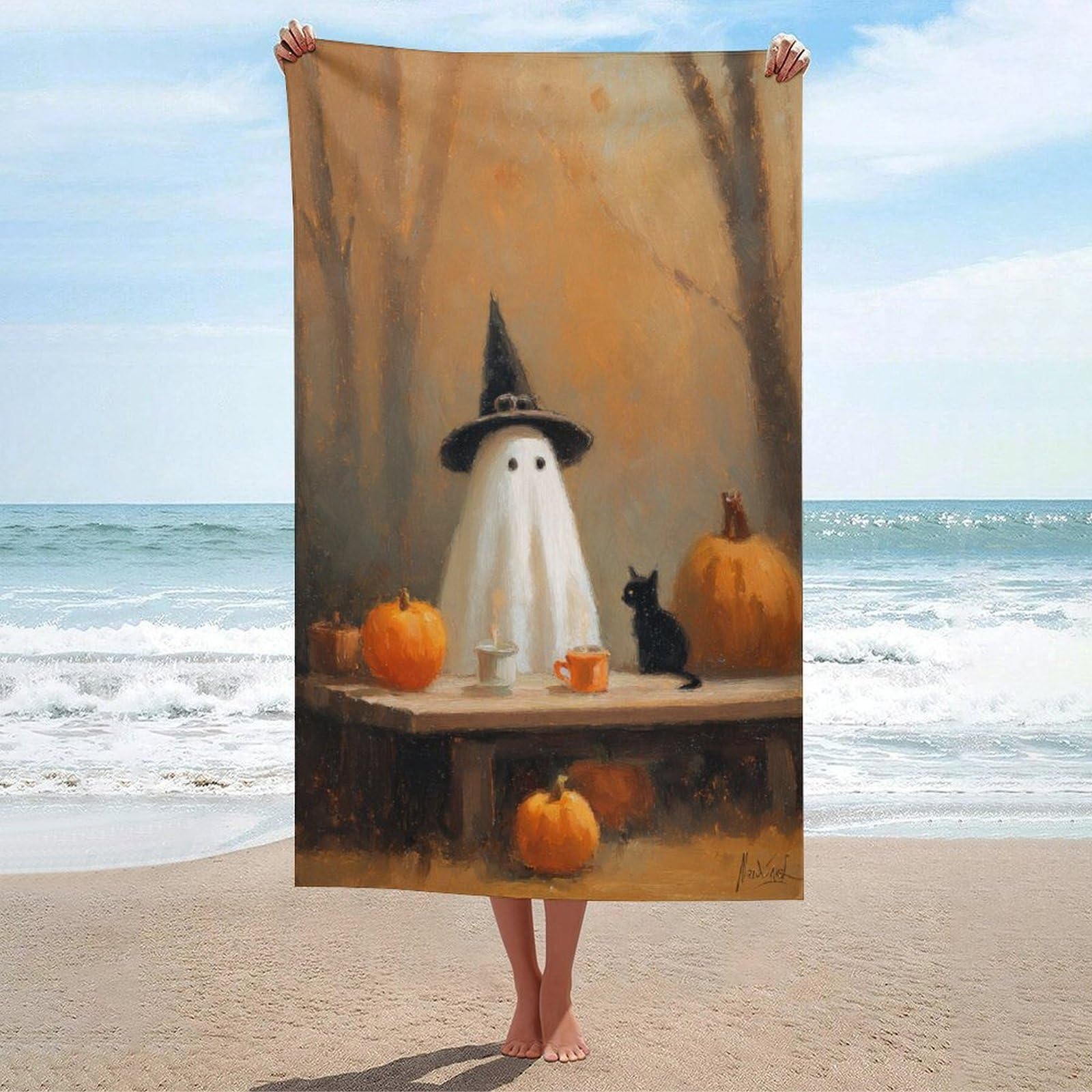 LSRCPD Cute Ghost Drinking Outdoor Table Beach Towel Sand Free Microfiber Large Shower Towels Multipurpose Absorbent for Bathroom Pool 130x80 CM