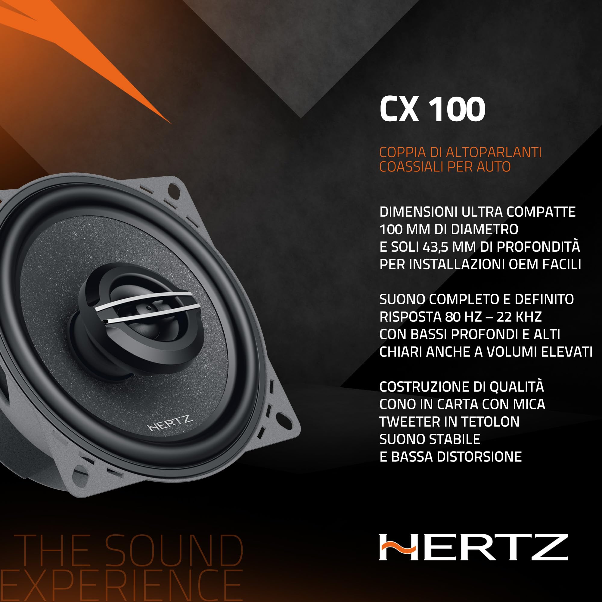 Hertz CX 100 - Coppia di altoparlanti coassiali a 2 vie da 100 mm con tweeter PEI integrato e woofer in polipropilene, design compatto per installazioni OEM, 40W RMS