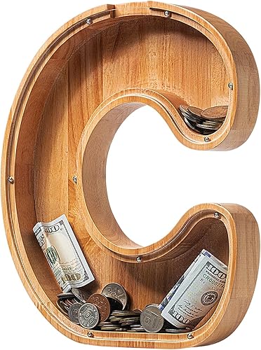 Miniatura 114 de Alcancía para niños y niñas, alcancía grande de madera personalizada con diseño recortado, bancos de monedas con letras del alfabeto, caja de ahorro