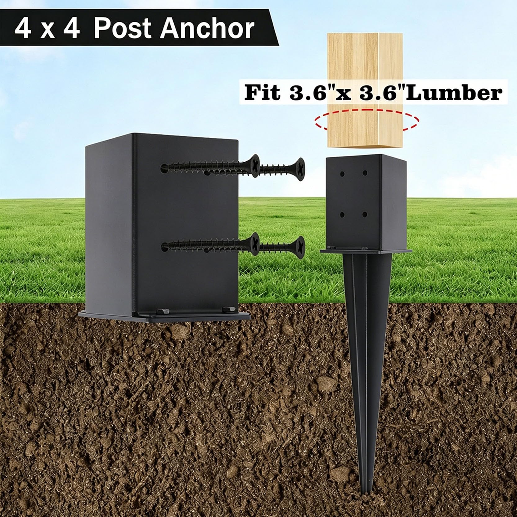 4 Anclajes de Postes de 61 cm 24 Pulgadas Estacas de Anclaje de Postes de Cerca Base de Poste de Metal Resistente Kit de Reparación de Postes de Cerca con Recubrimiento