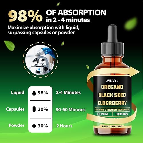 Miniatura 7 de Gotas líquidas de aceite de orégano 5 en 1 con semillas negras, saúco, ajo, hoja de olivo, suplemento de apoyo inmunológico, 2 onzas líquidas