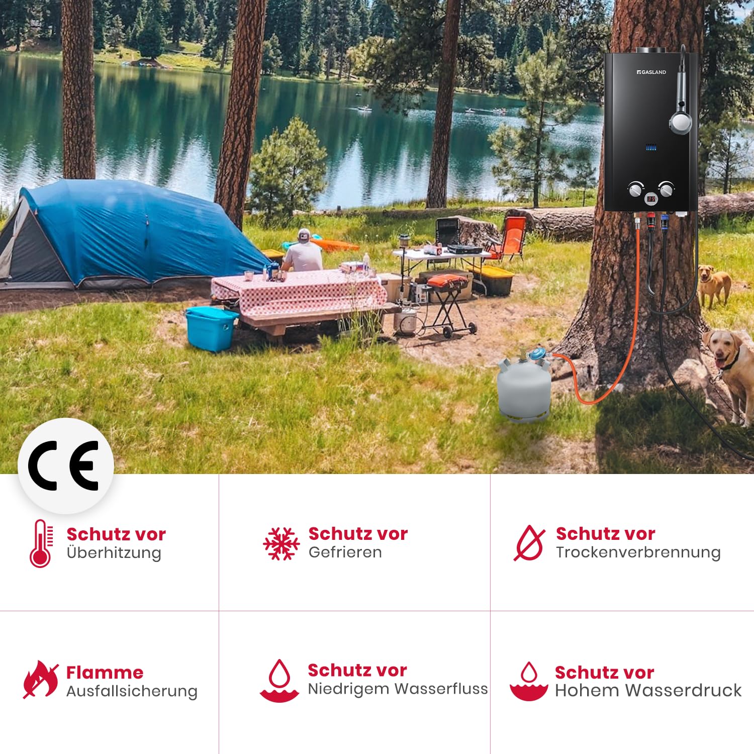 GASLAND BE264BQ120-DE - Calentador de agua de gas de 10 litros con bomba de agua para exteriores, butano (50 mbar)/propano (50 mbar), para camping, caravana, granero