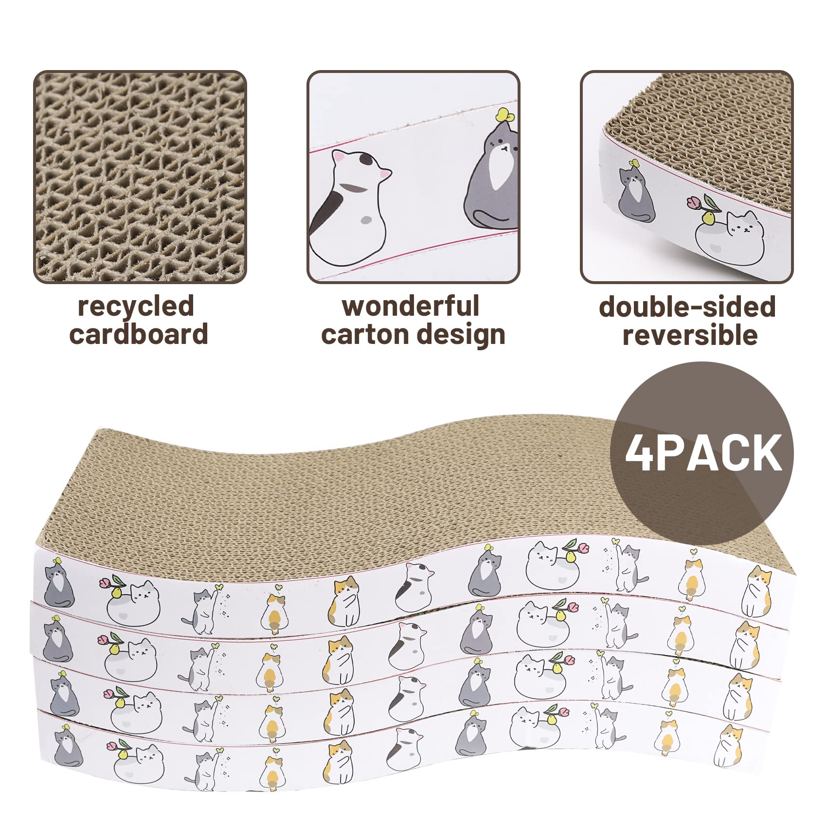 PatiencET Rascador de cartón para gatos, Rasqueta, 4 unidades, almohadilla reversible para rascar con textura curva, diseño duradero para gatos interiores, tumbonas, sofá