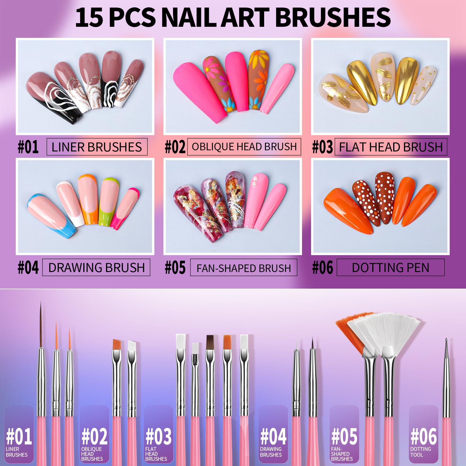 FANDAMEI Nail Art Tools, Acrylic Nail Brush, Nail Stand, Nail Gems And Rhinestones, Nail Holder For Painting Nails, 15 PCS Nail Art Brushes, Nail Dotting Tool, Nail Tools, Nail Design Tools