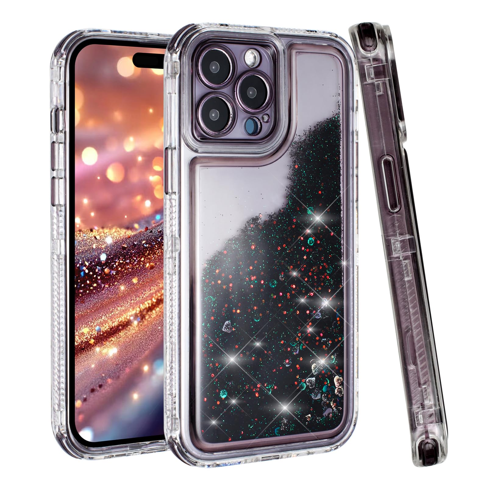 Tikoo Designed for iPhone 13 Pro Max Case Glitter for Women Girl Clear 3-in-1 Heavy Duty Protective Phone Cover with Floating Liquid Quicksand Bling