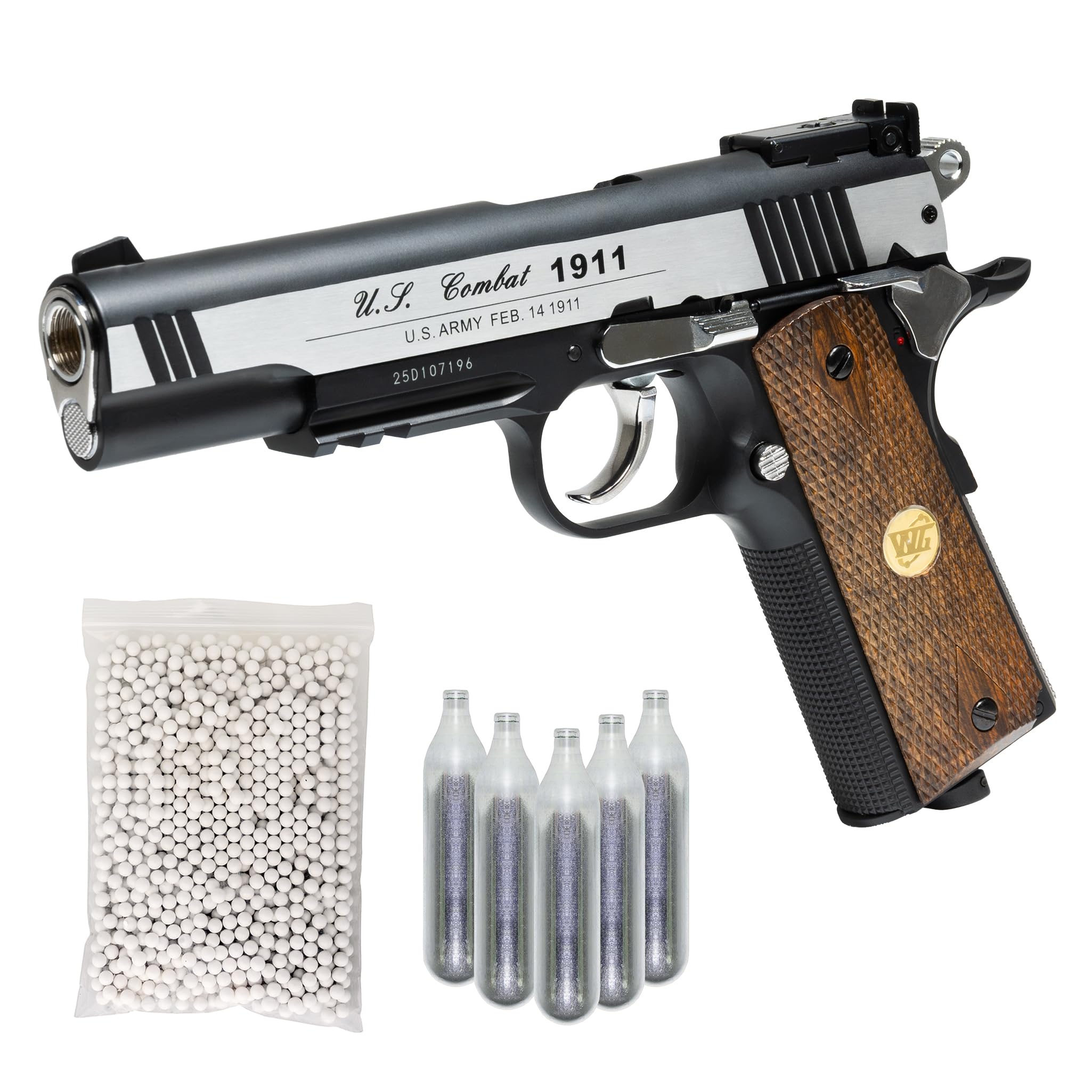 Pistola Softair Coltt 1911 CO2 Full Metal, Pistola a Pallini Scarrellante con 10 Bombolette, 1000 Pallini 6mm, Pistole Softair, Airsoft, colore nero, potenza 0,90 joule (LEGNO)